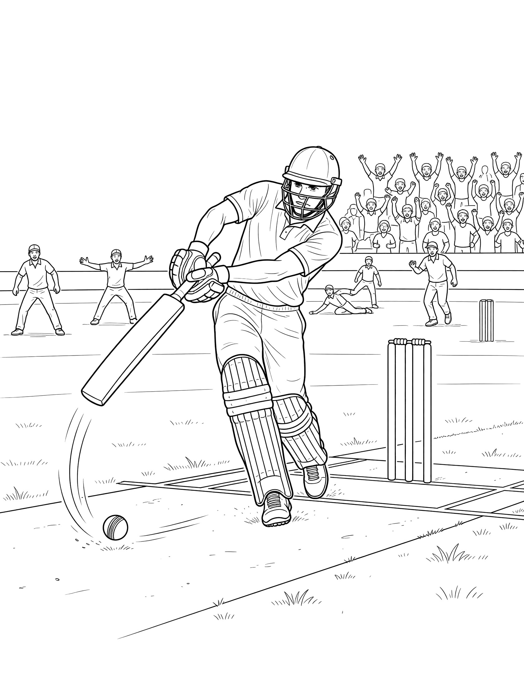 Black and white coloring page of a batsman swinging cricket bat for cover drive shot, ball on ground, fielders, stumps and cheering crowd.