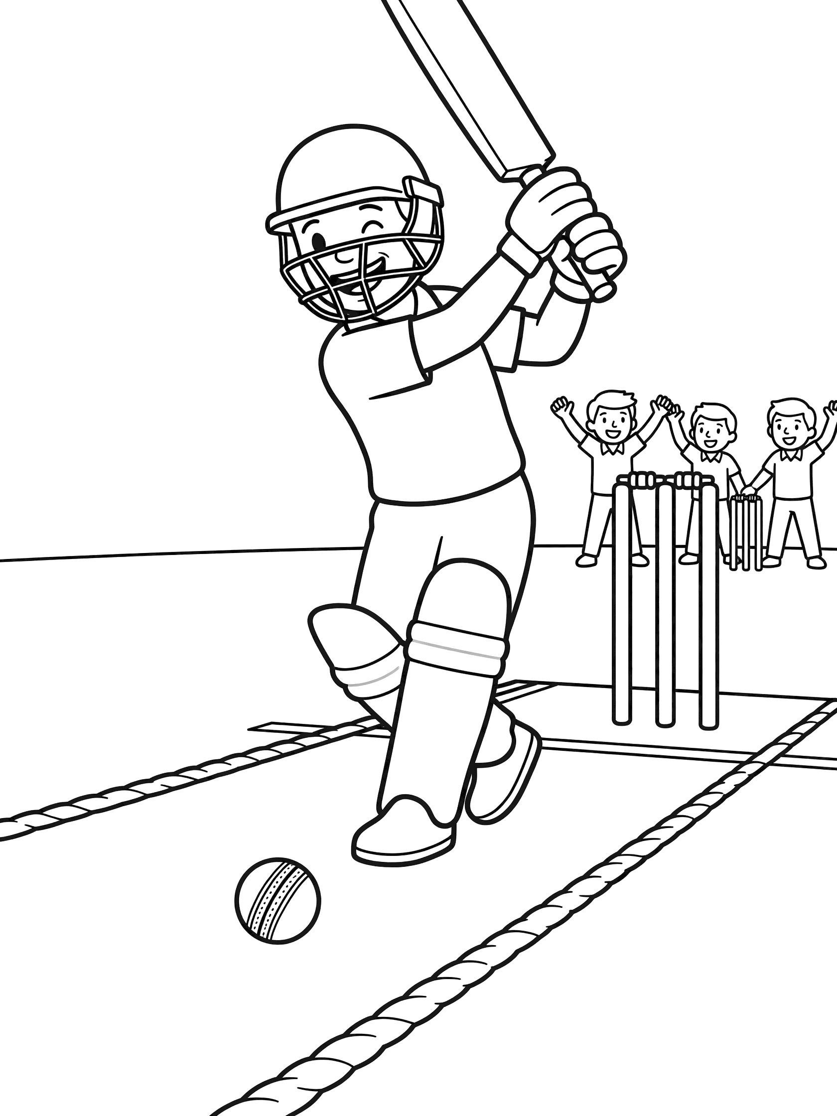 Black-and-white coloring page of a batsman in helmet and pads raising his bat in celebration on cricket field with cheering teammates, ball by boundary rope and wickets behind.