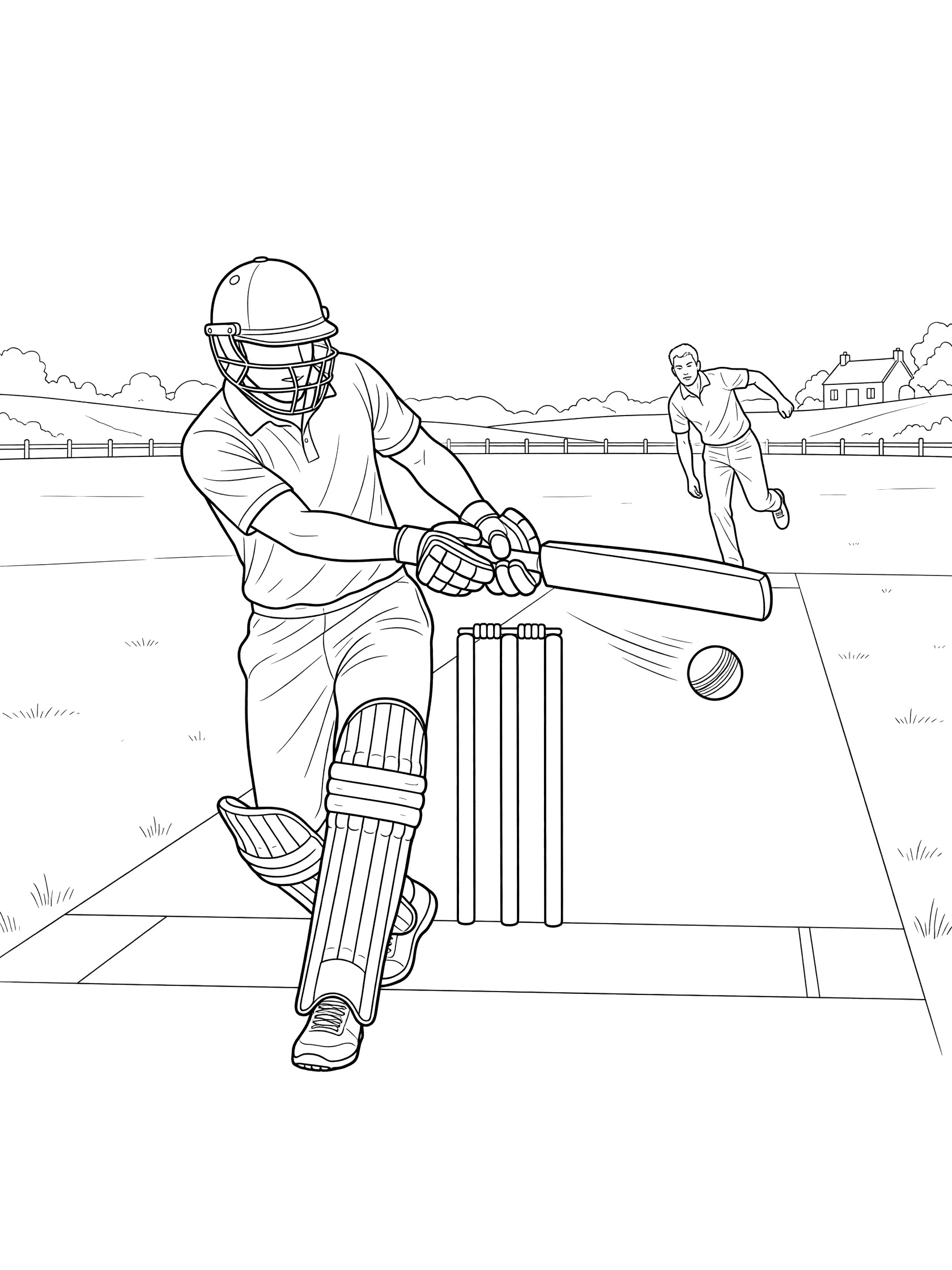 Line art coloring page showing batsman in helmet and pads swinging bat to defend three stumps with bails from incoming cricket ball, bowler in background on field.