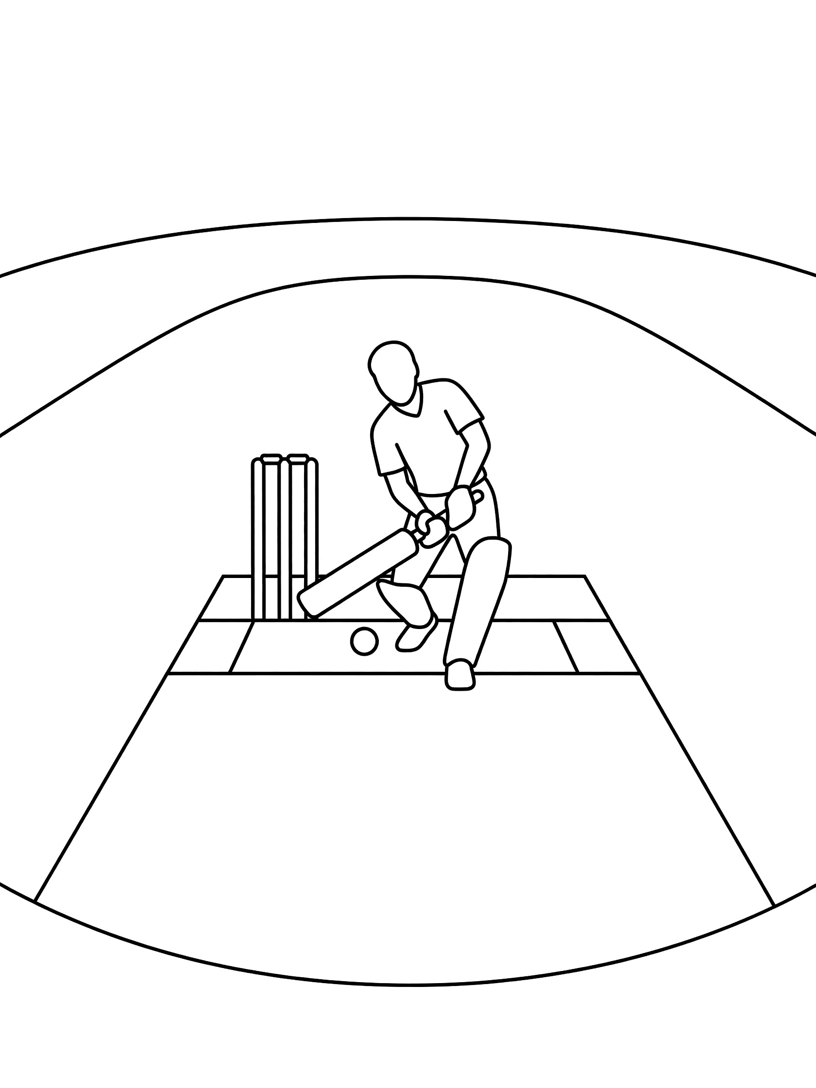 Line art coloring page showing a batsman in a defensive crouch, bat blocking a low cricket ball, with stumps and grassy field outlines.