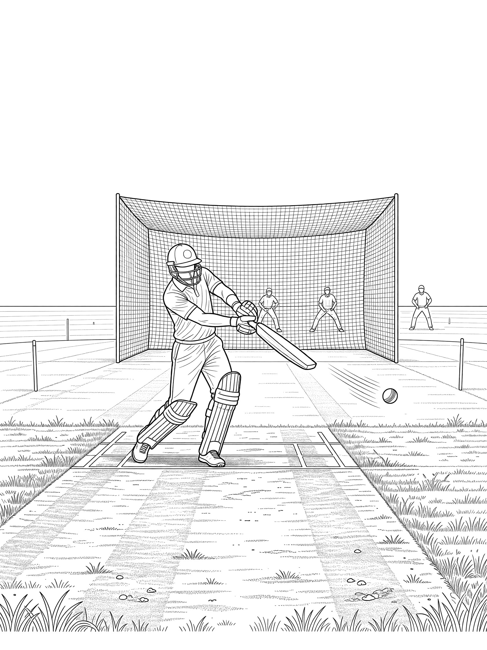 Black and white coloring page showing a batsman executing a cover drive in cricket, with ball flying, practice net, fielders, pitch, and grass.
