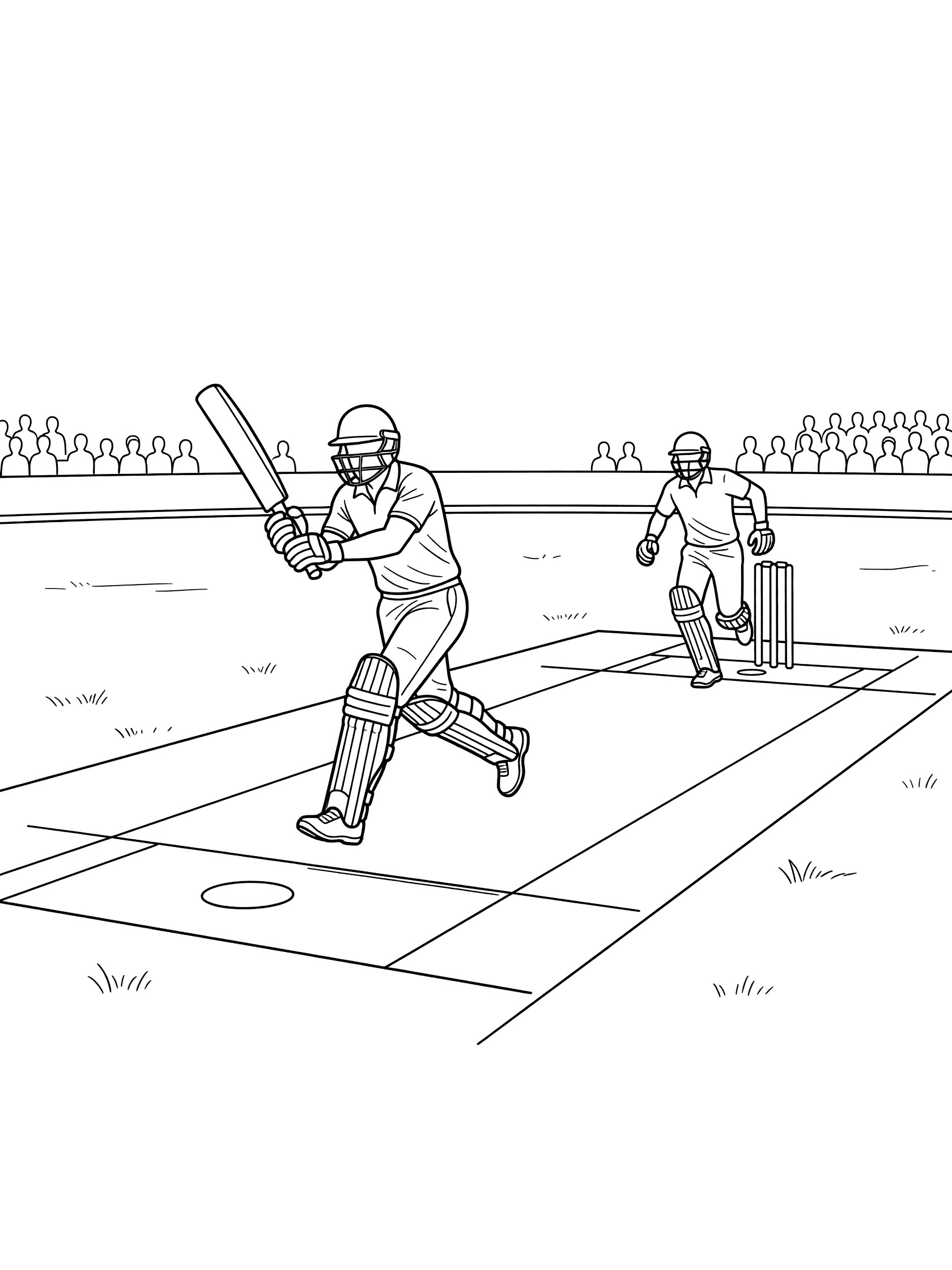 Line art coloring page showing a batsman running between wickets carrying his bat, second batsman running the other way, cricket stumps, pitch and distant crowd silhouettes.