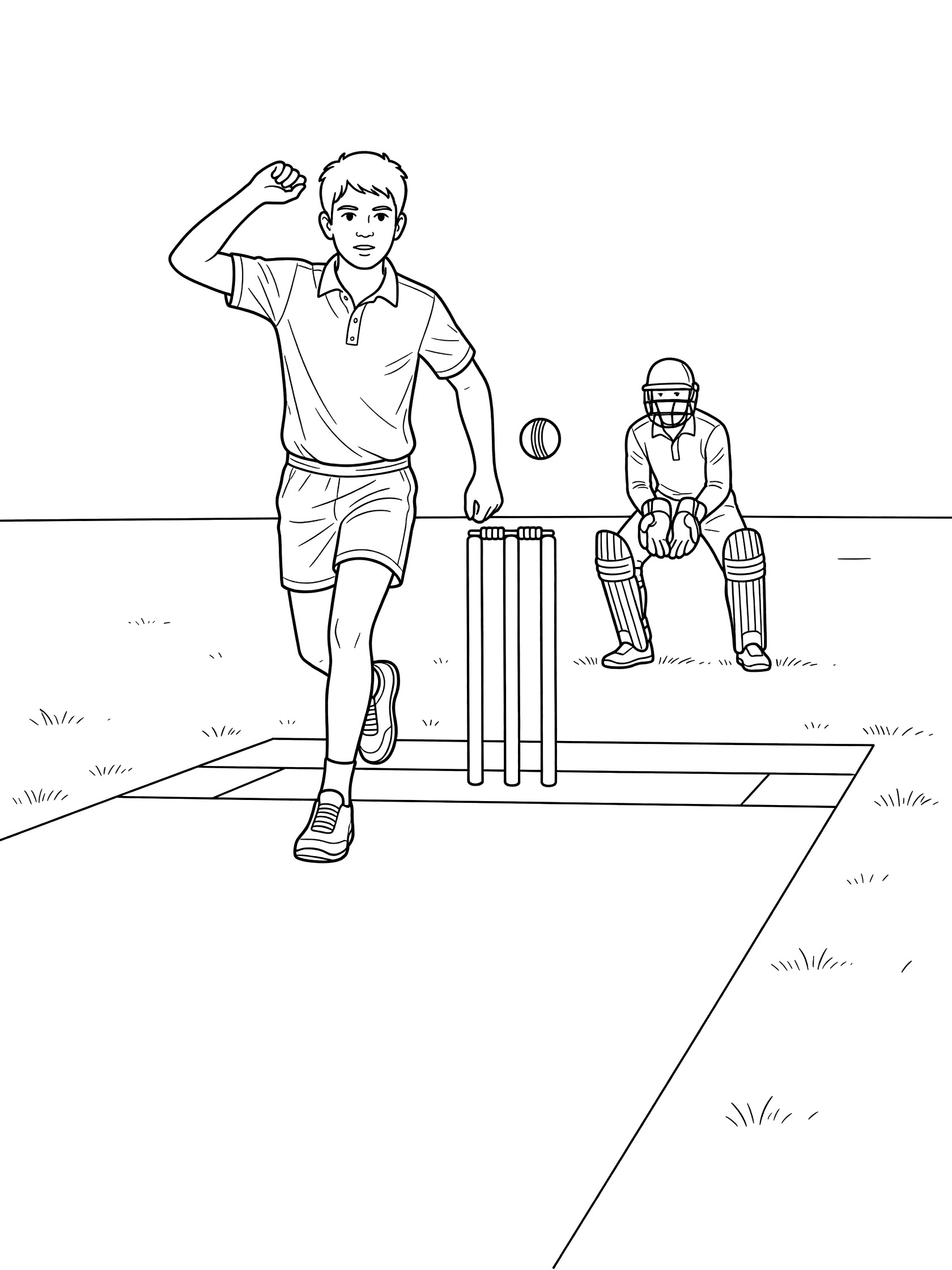 Line art coloring page showing cricket stumps with bails, bowler running to release ball, and squatting wicketkeeper on grassy pitch.