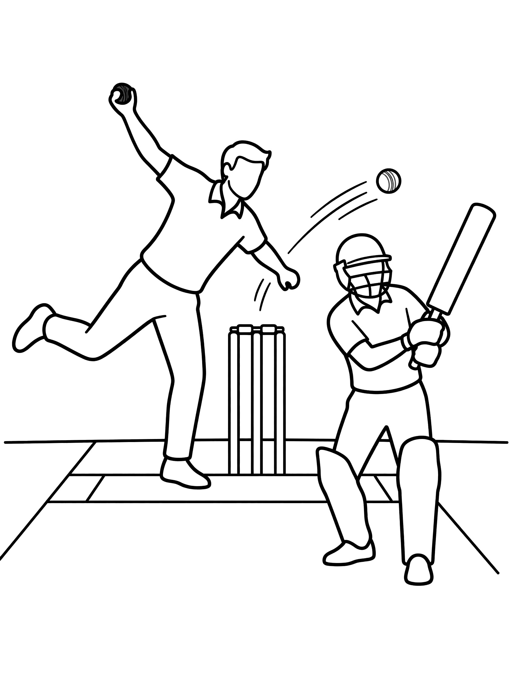 Line art coloring page showing a bowler releasing a cricket ball on the pitch with batsman, stumps, and bat in a dynamic cricket match scene.