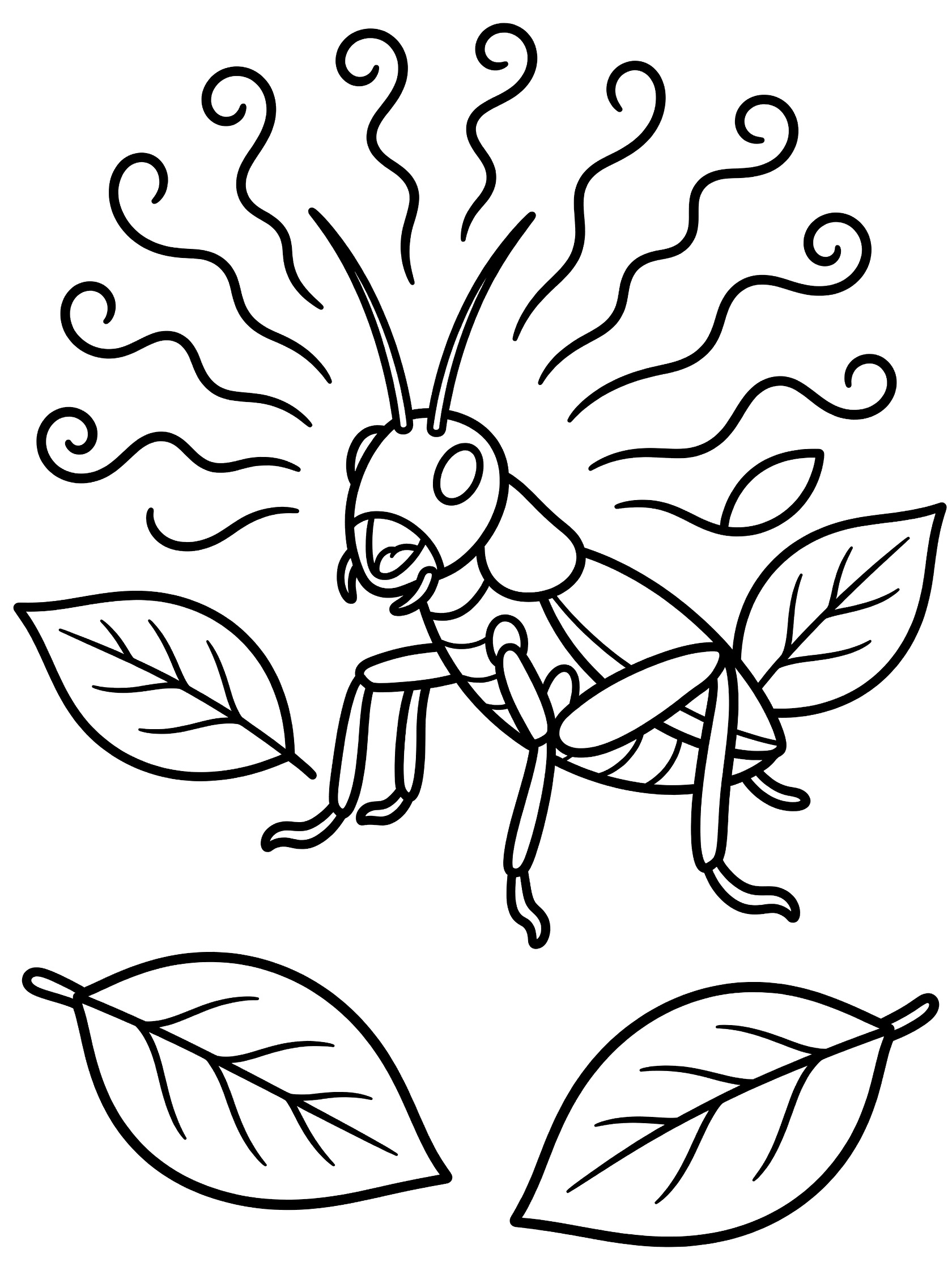 Black and white line art coloring page showing a cricket on hind legs with open mouth, wavy sound lines around head, and simple leaves nearby.