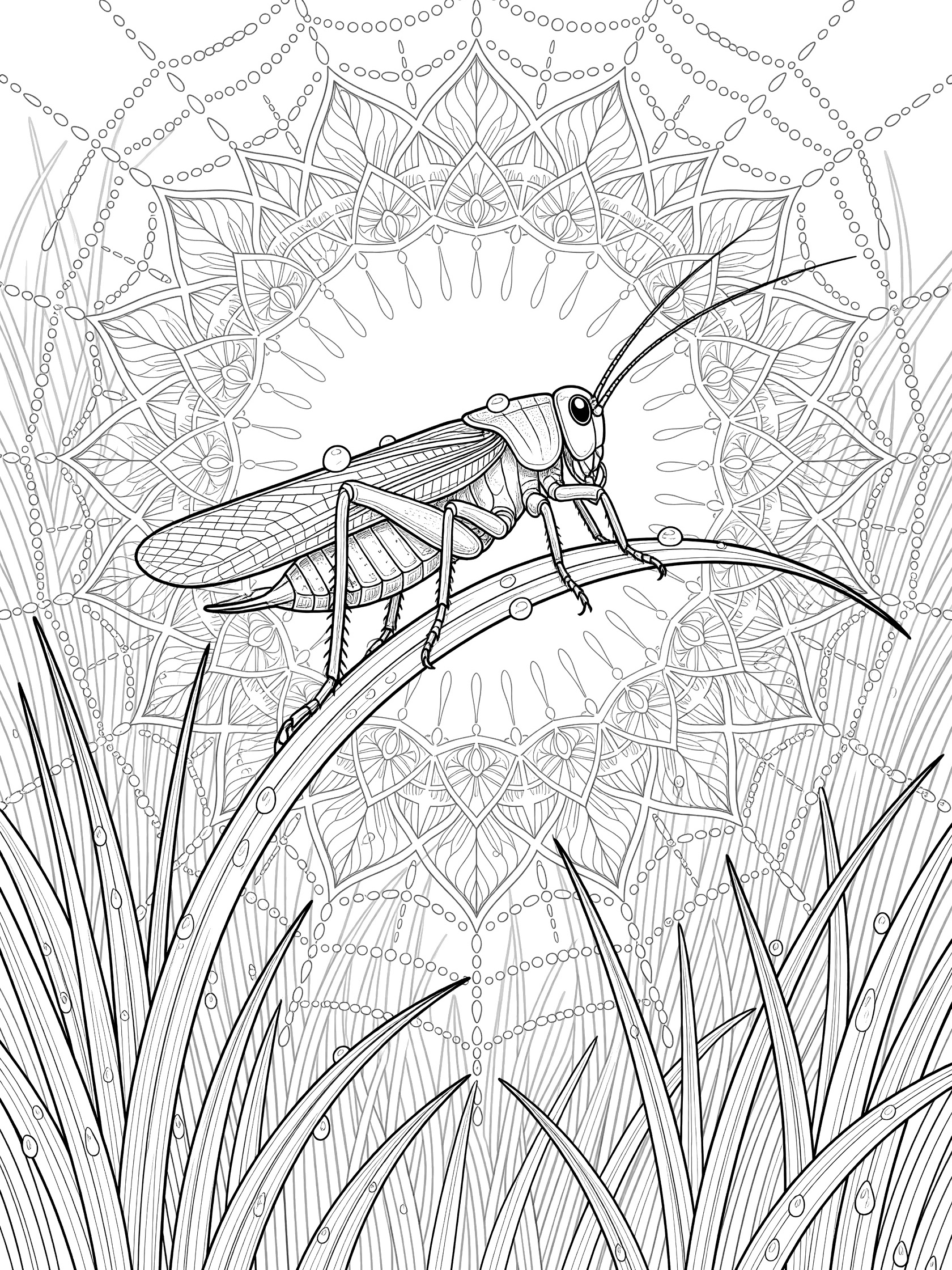 Line art coloring page showing a realistic cricket perched on curved grass with dewdrops and intricate mandala designs of grass blades and foliage.