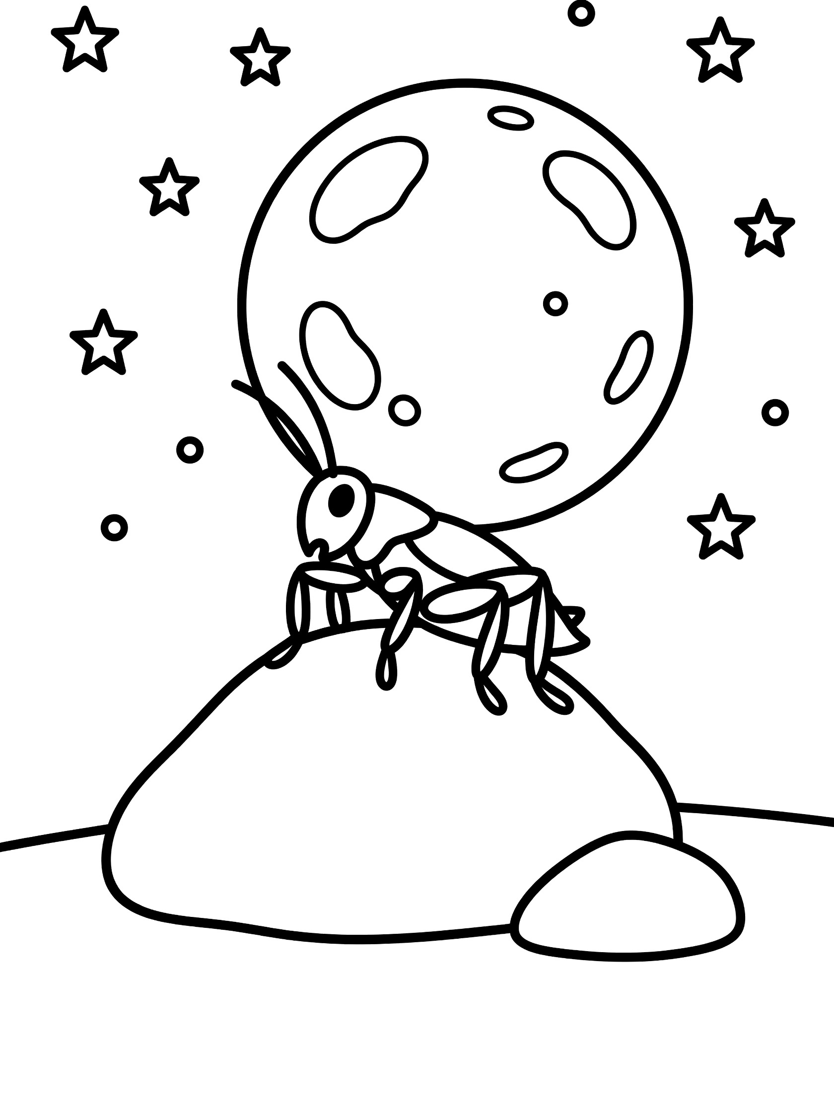 Black and white line art coloring page showing a cricket on a rock beneath a big full moon surrounded by stars