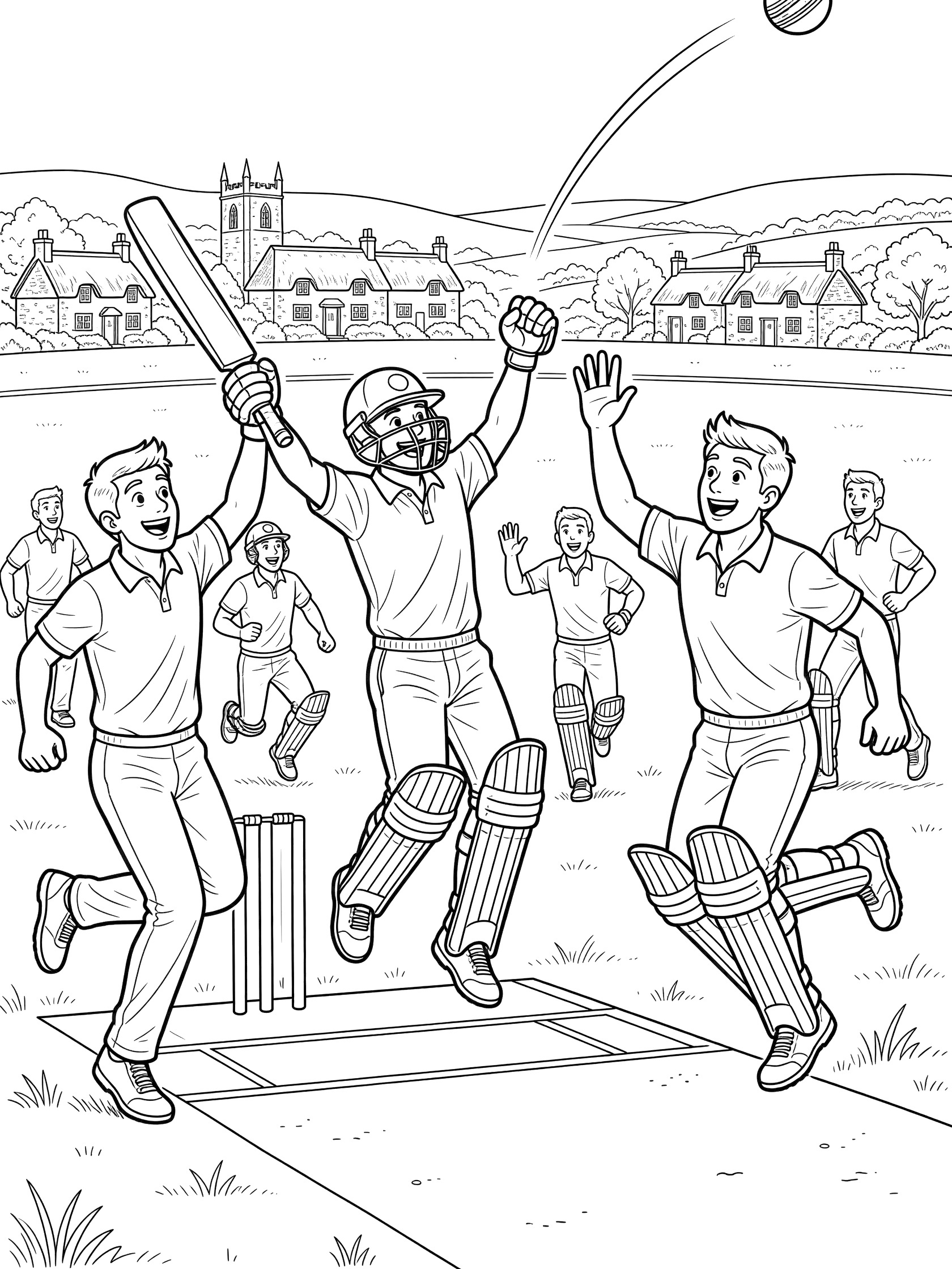 Line art coloring page showing excited cricket players in pads and helmets celebrating a six with the cricket ball arcing through the air over the field.