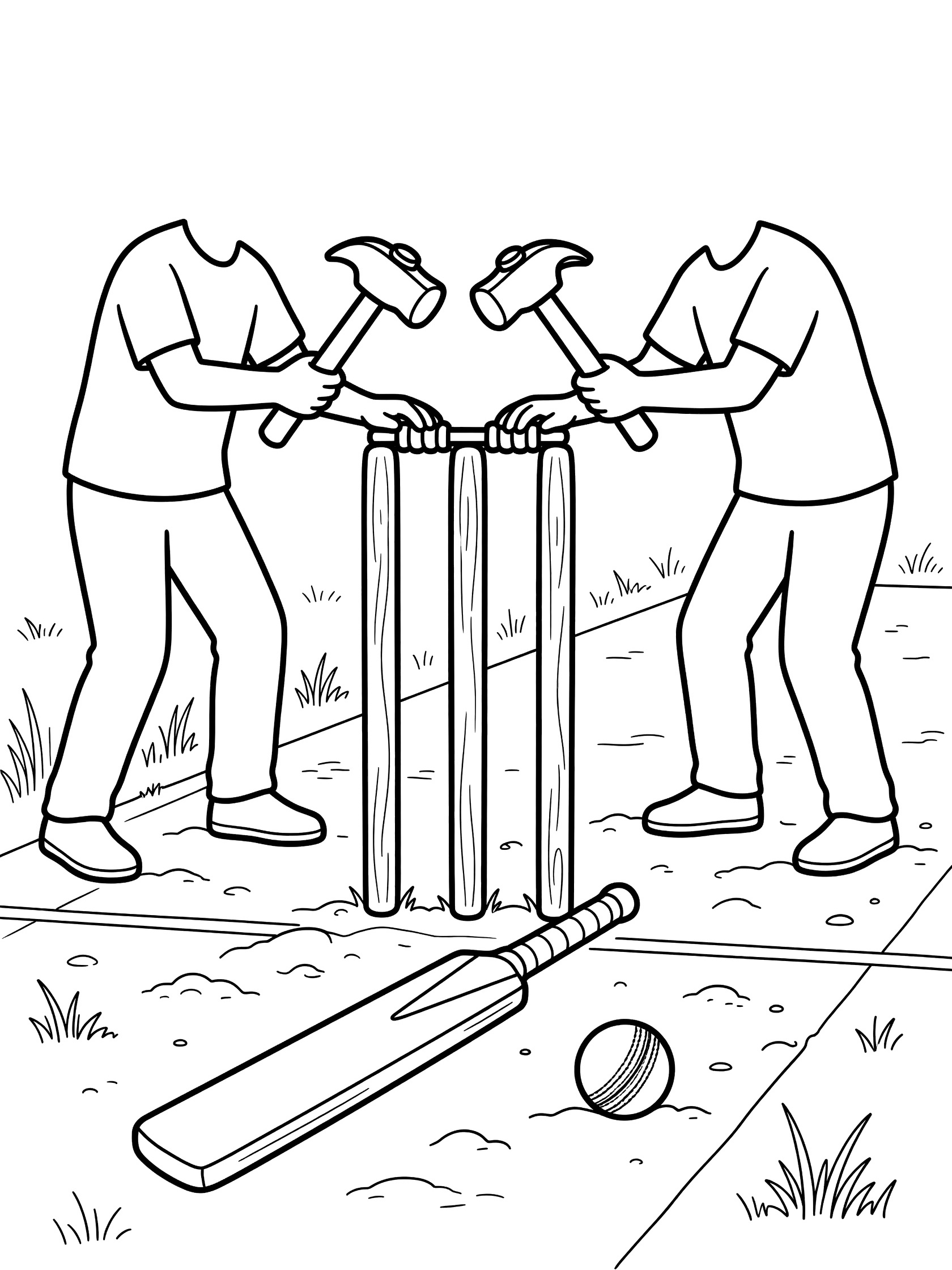 Line art coloring page showing two players in t-shirts hammering three tall stumps into soft earth on a cricket pitch with bails on top, bat and ball resting on grass nearby