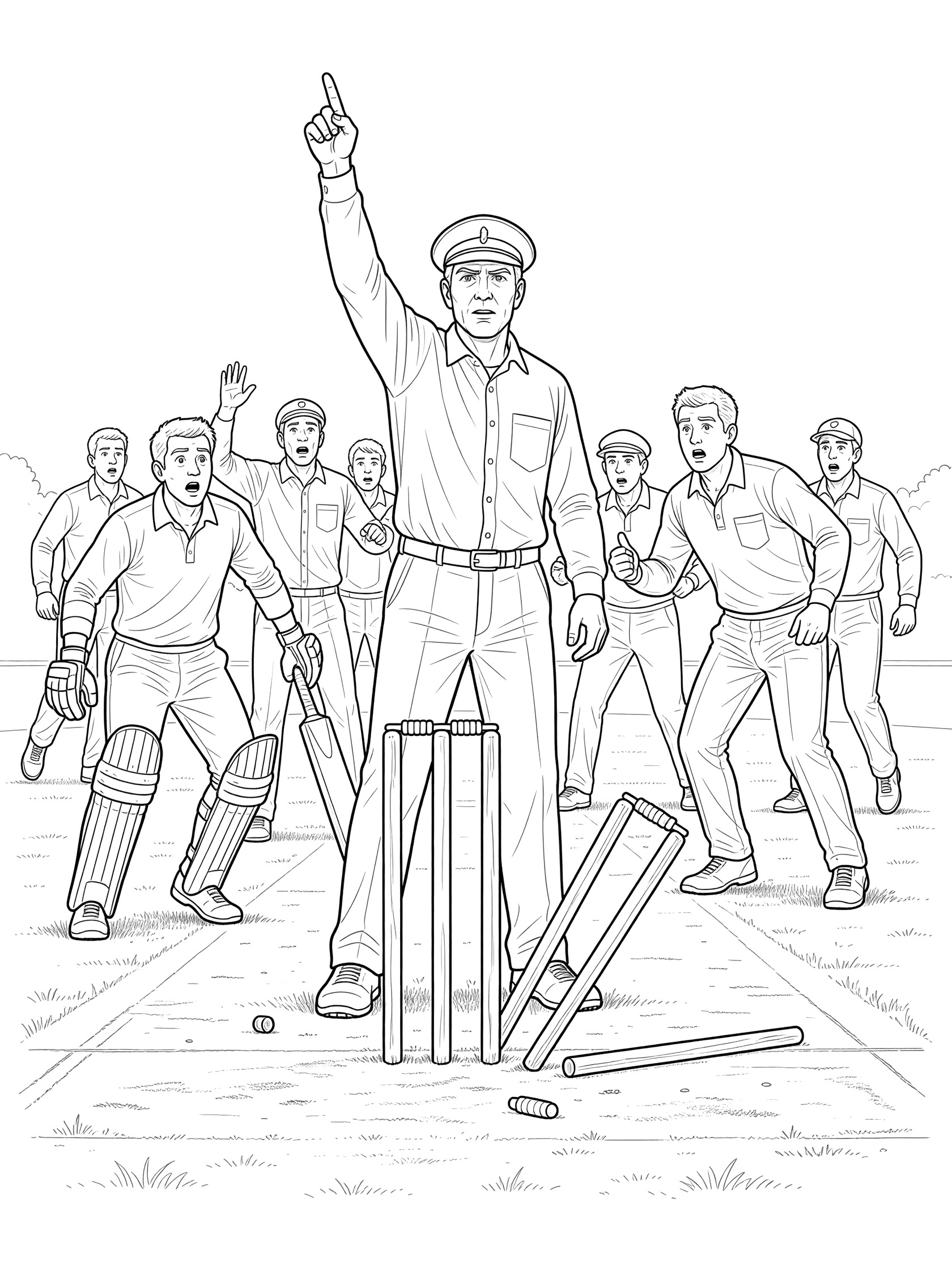 Black and white coloring page showing three stumps fallen on cricket turf, bails scattered, umpire in cap raising finger for out signal, players with bats reacting in surprise.