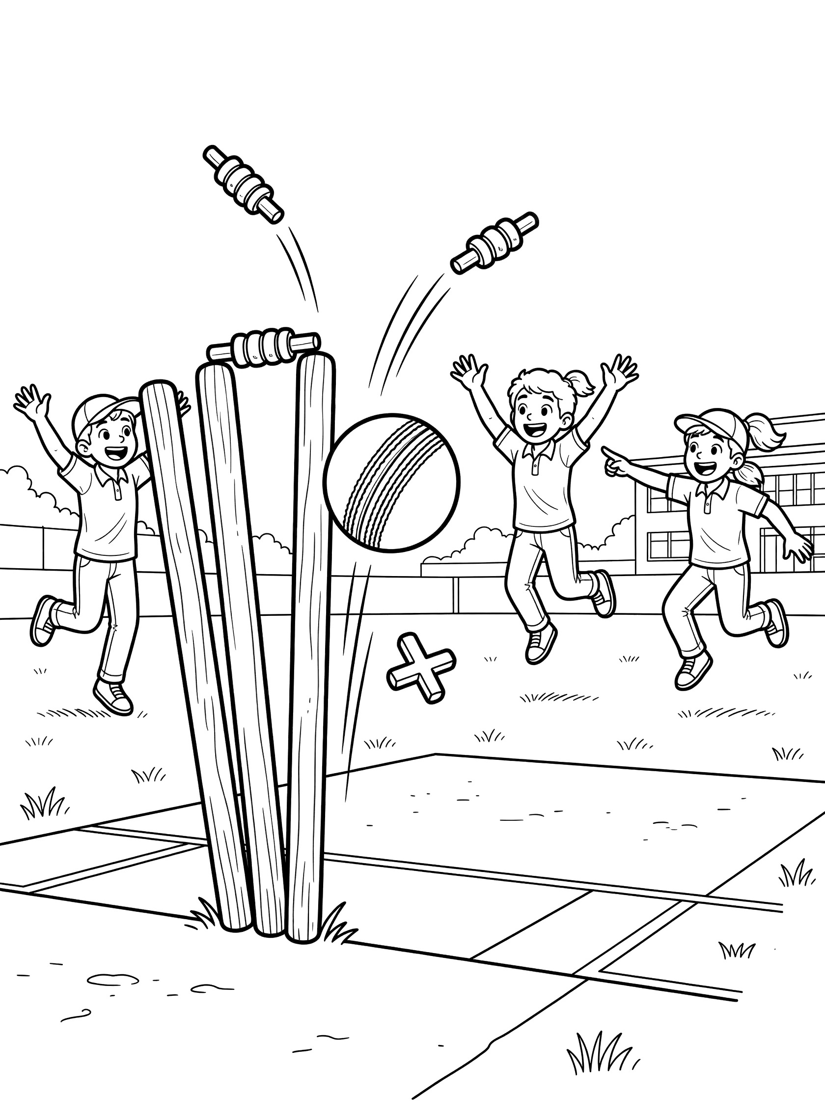 Line art coloring page showing cricket stumps hit by a ball, bails flying off, with jumping fielders on grass near a school playground