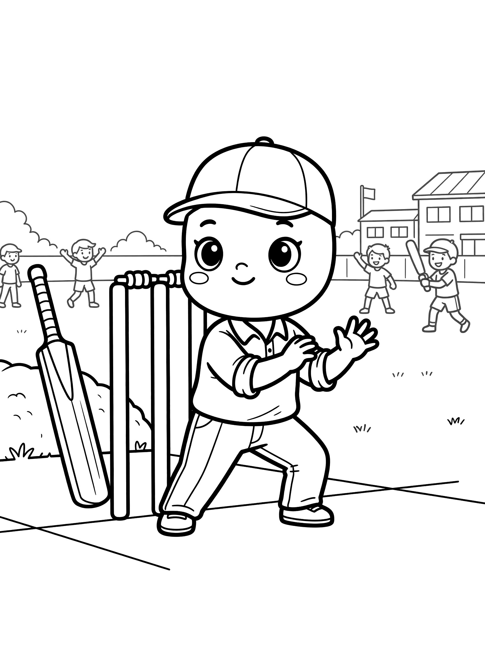 Cute kawaii cricket umpire in ready stance behind wickets on school field with bat nearby and kids in background coloring page