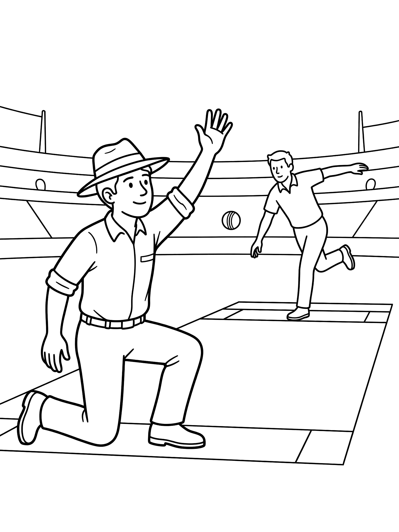 Printable coloring page showing a cricket umpire in hat and uniform kneeling on the pitch, arm extended up signaling no ball as the bowler runs in to deliver the cricket ball in a stadium.