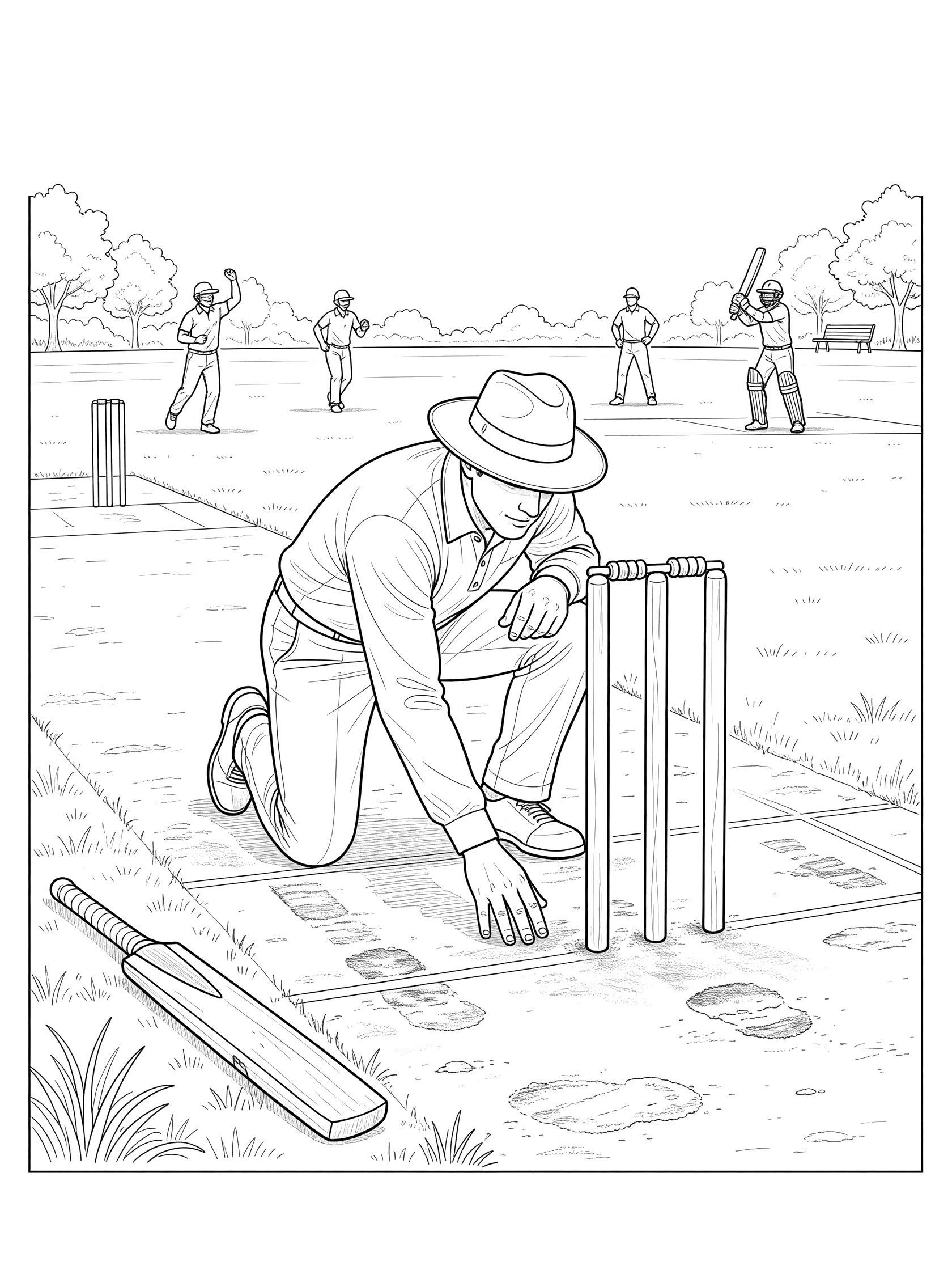 Line art coloring page showing umpire inspecting footmarks on worn cricket pitch with stumps, bat nearby, grass, and distant players.