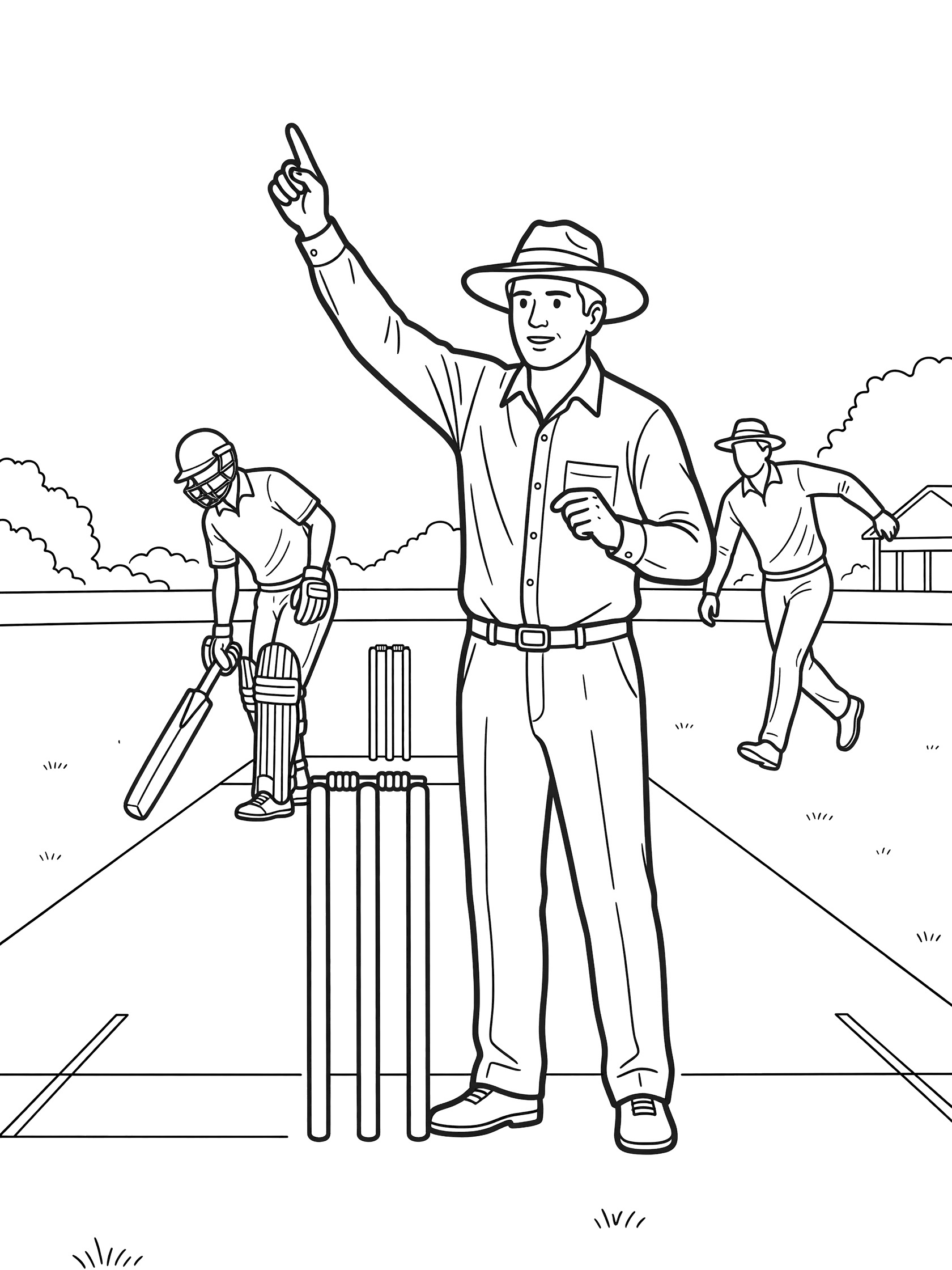 Printable coloring page of a cricket umpire in white clothes and hat raising his index finger high for an out decision, with bowler, batsman at wickets, and field in the background