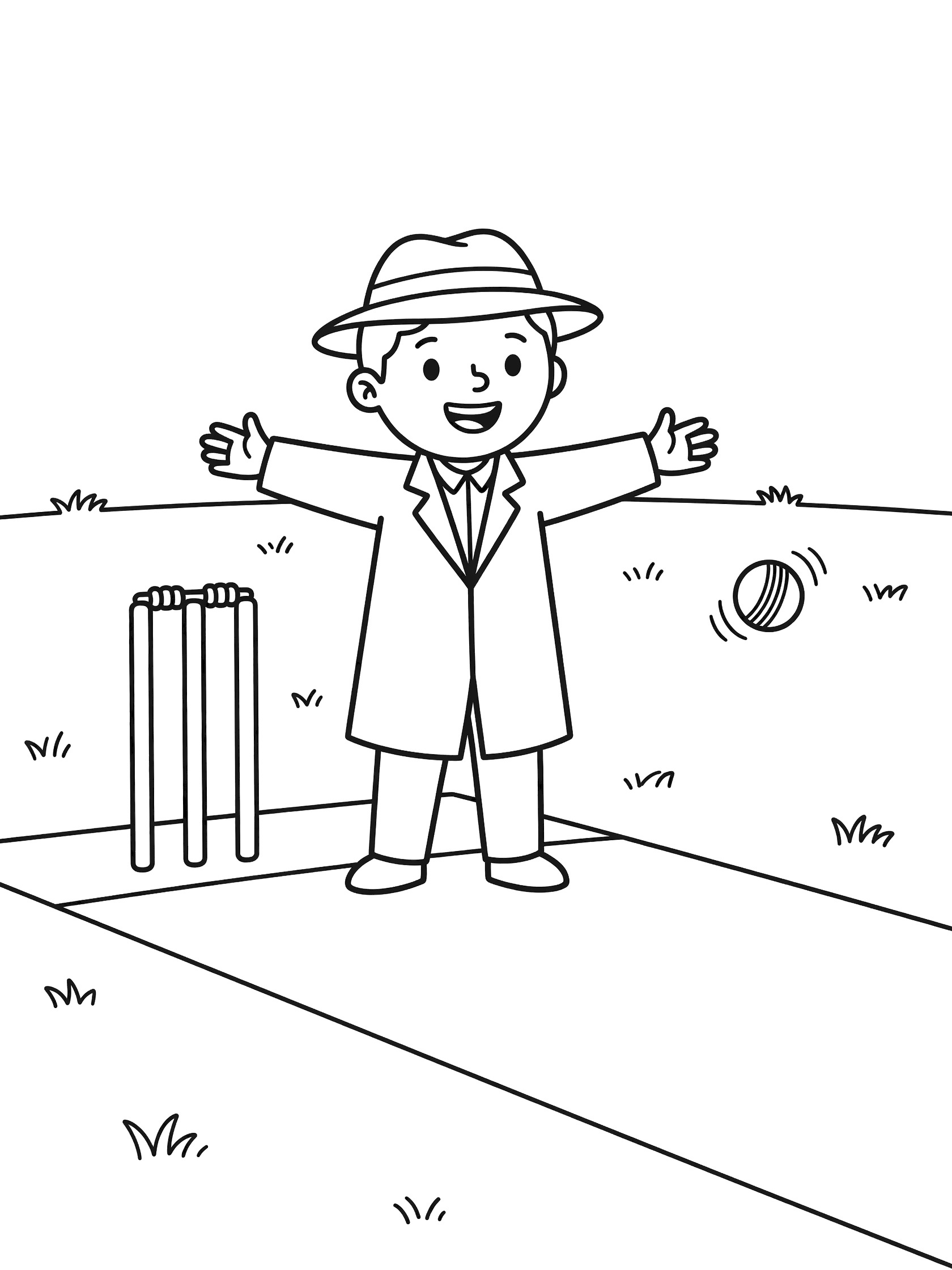 Black and white line art of a cheerful cricket umpire in white coat and hat, arms out wide on cricket pitch with stumps and ball.