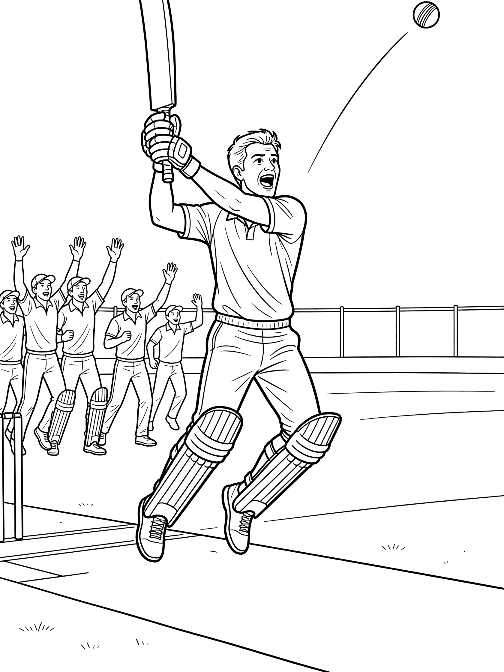 Excited cricketer jumping with cricket bat raised triumphantly as the cricket ball flies over the boundary. Teammates waving in celebration on the field.