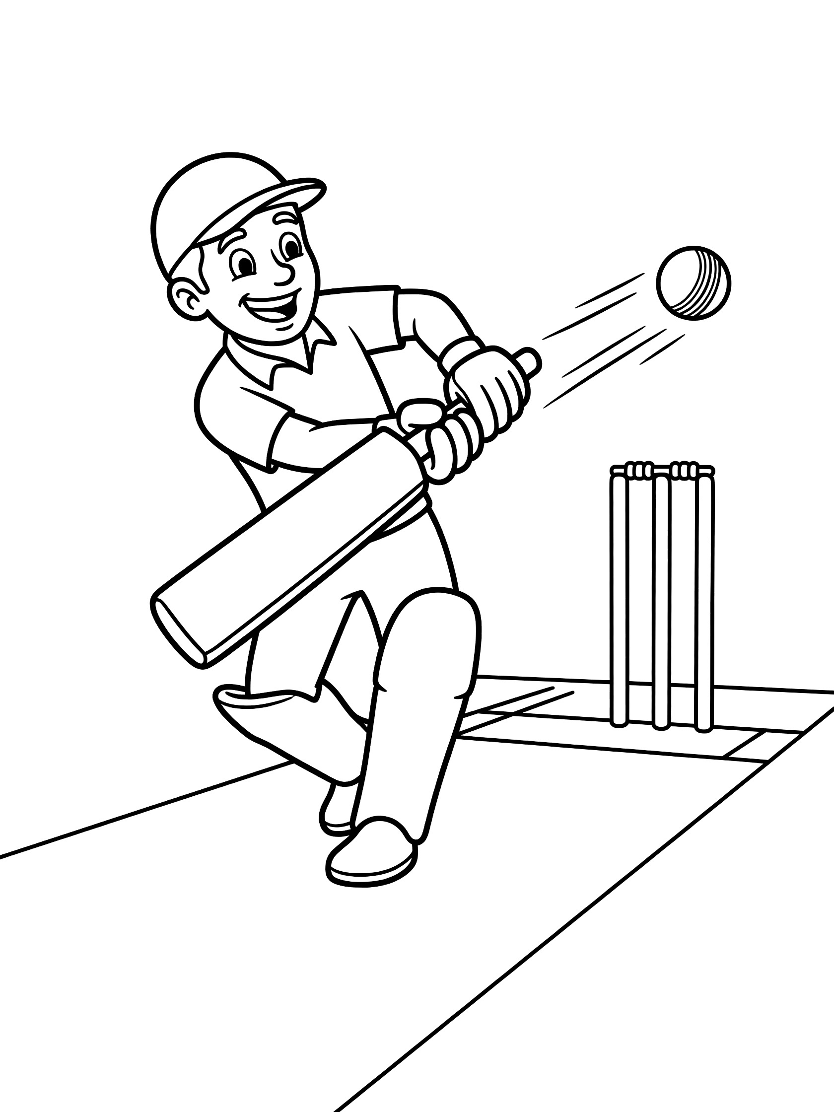 Line art coloring page showing a cricketer in action hitting the cricket ball with his bat on the pitch, wickets in background