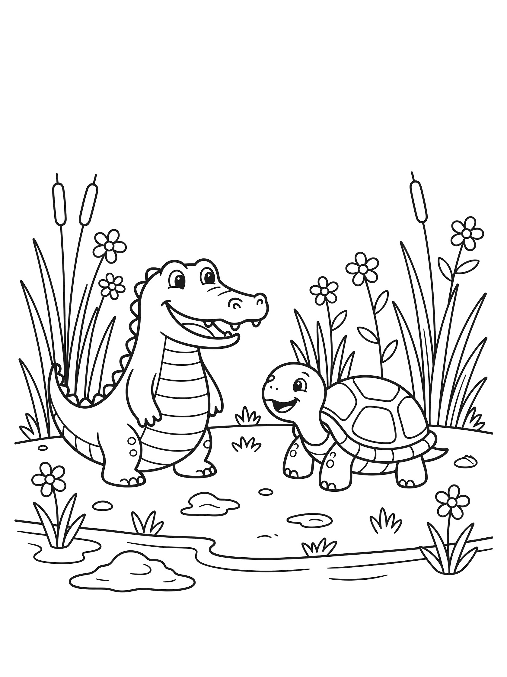 Black and white line art coloring page showing a friendly crocodile standing with a turtle on a muddy riverbank surrounded by reeds and flowers. Alligator themed black and white printable line art