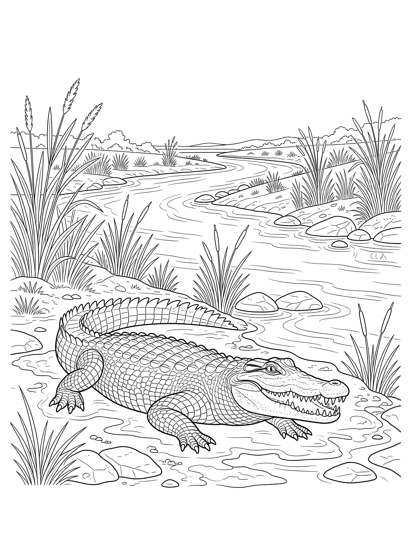 Black and white line art coloring page of a crocodile on a muddy river bank with rocks, tall grasses, and a flowing river. The Nile River themed black and white printable line art