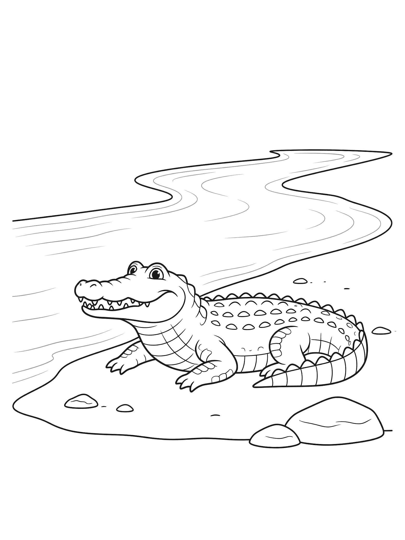 Black and white line art coloring page showing a smiling crocodile resting on a sandy bank near a wavy river with rocks and gentle waves. Congo River themed black and white printable line art