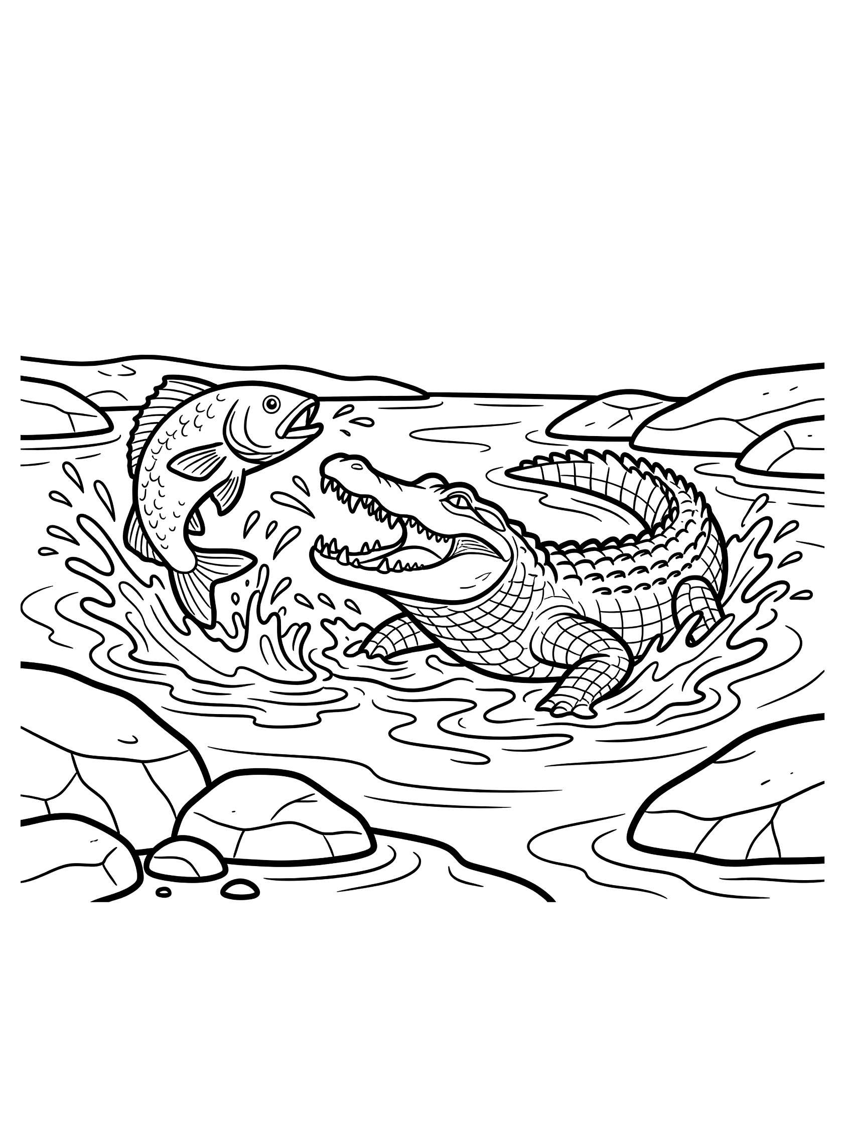 Black and white line art coloring page showing a crocodile with open jaws snapping at a jumping fish in a river with water splashes and rocks on the bank. Alligator themed black and white printable line art
