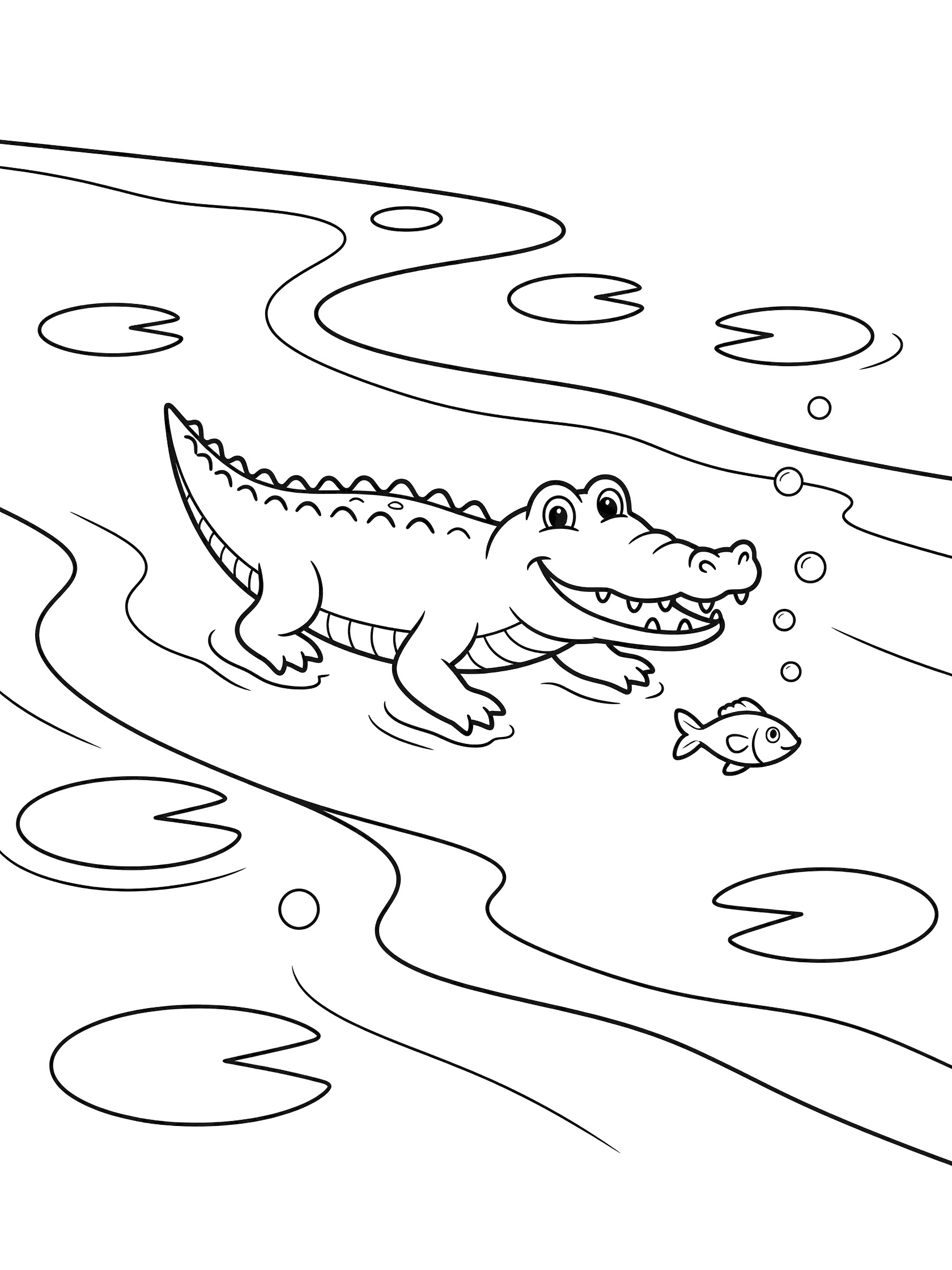 Black and white line art coloring page showing a crocodile with open mouth and bubbles chasing a small fish in a river with wavy water lines and floating lily pads.