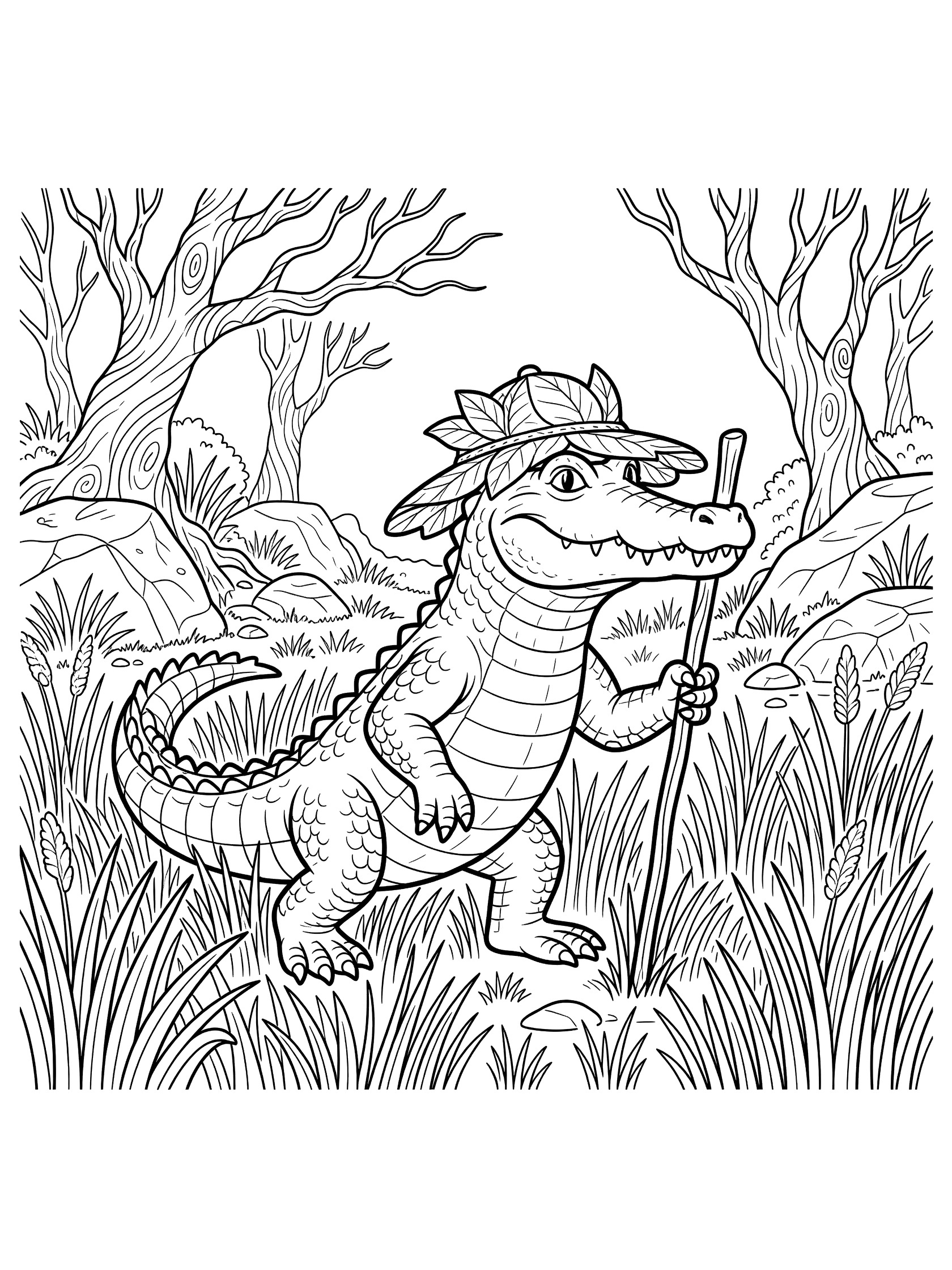 Black and white line art coloring page showing a crocodile wearing a leaf hat, holding a walking stick, standing in tall grass with rocks and twisted trees in a swamp scene.