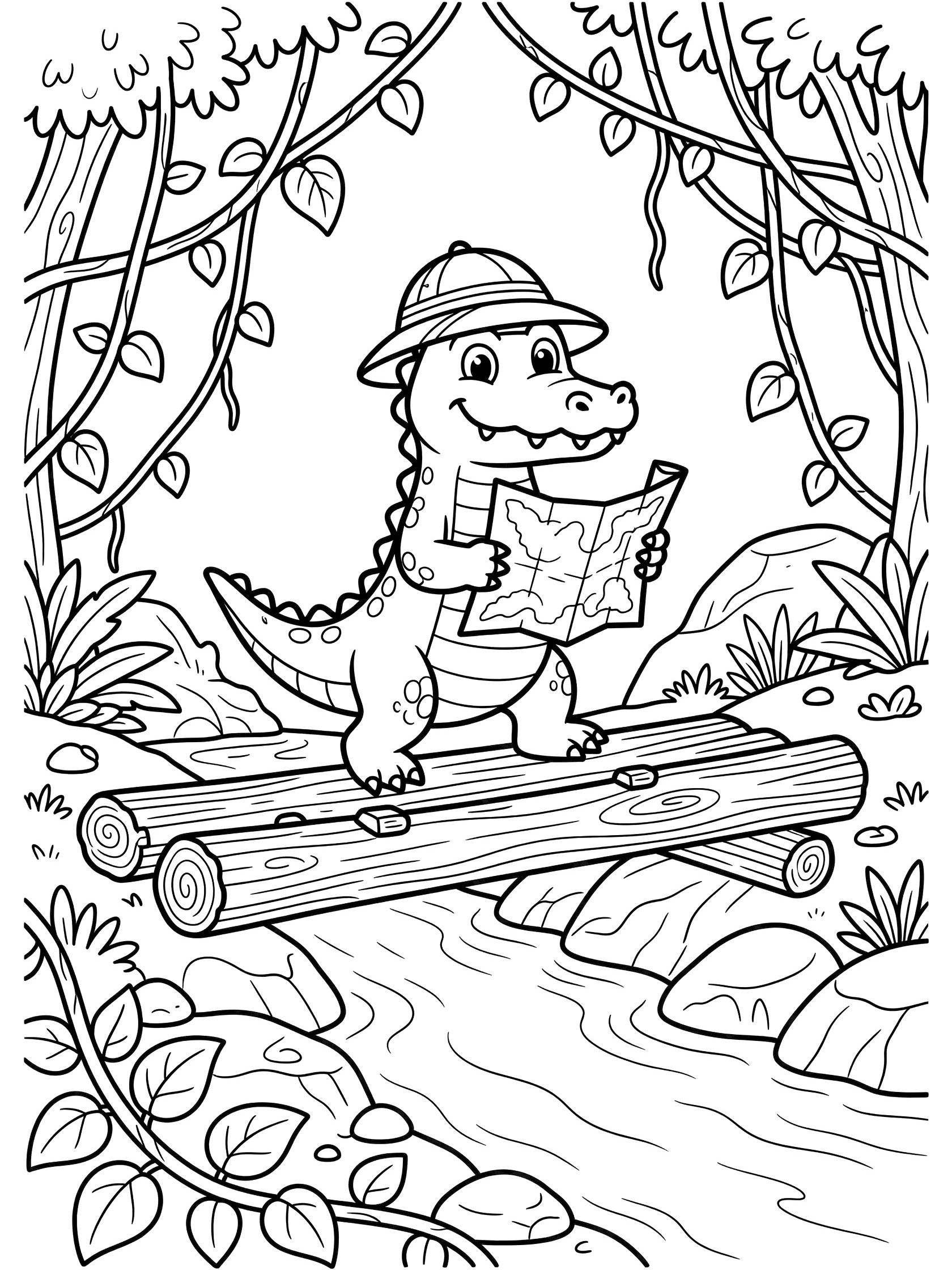 Black and white line art coloring page showing a smiling crocodile explorer in a hat holding a map, balancing on a log bridge over a stream with jungle vines, rocks, and water. Alligator themed black and white printable line art
