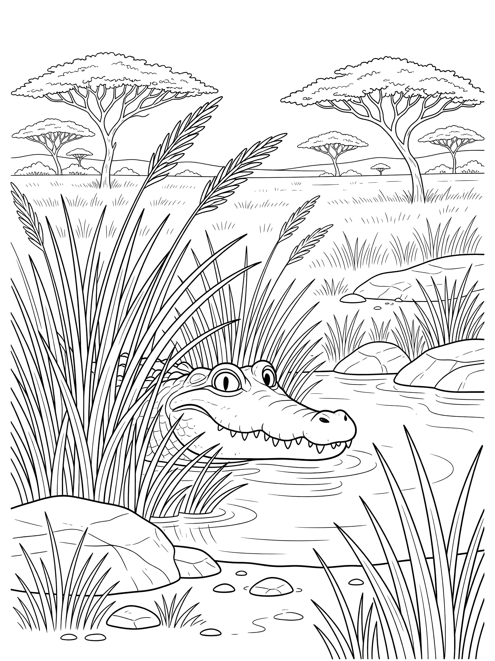 Printable coloring page showing a crocodile peeking out from tall grasses near a stream with rocks, acacia trees, and distant savanna landscape in clean line art.