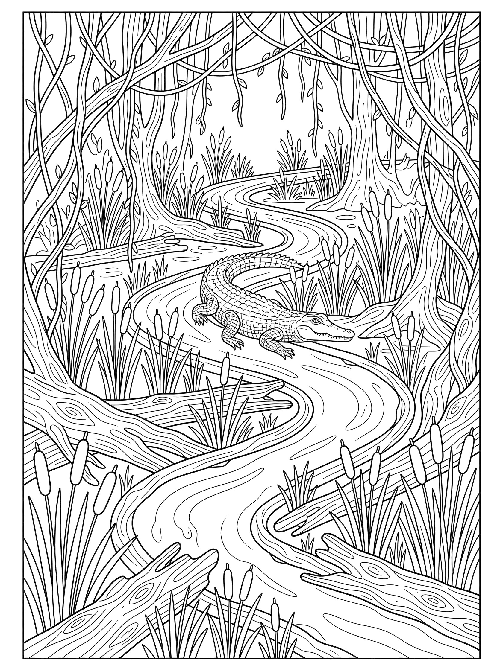 Black and white line art of a crocodile weaving through a swamp maze with twisty path, cattails, logs, hanging vines, and reeds.