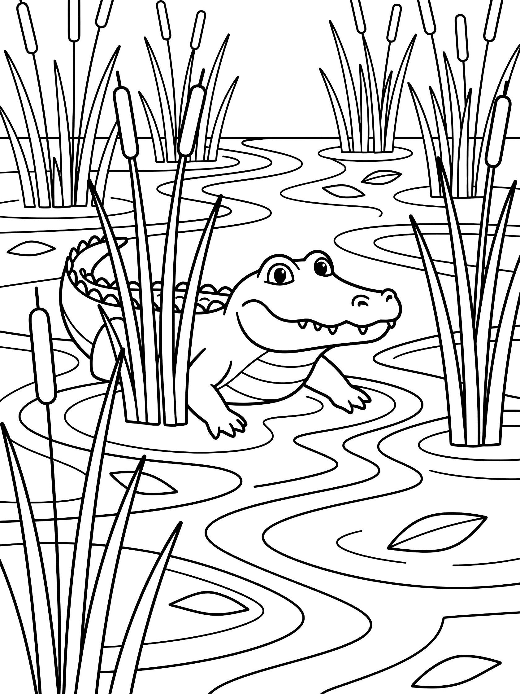 Black and white line drawing of a smiling crocodile in swamp water surrounded by tall reeds and leaves. Alligator themed black and white printable line art