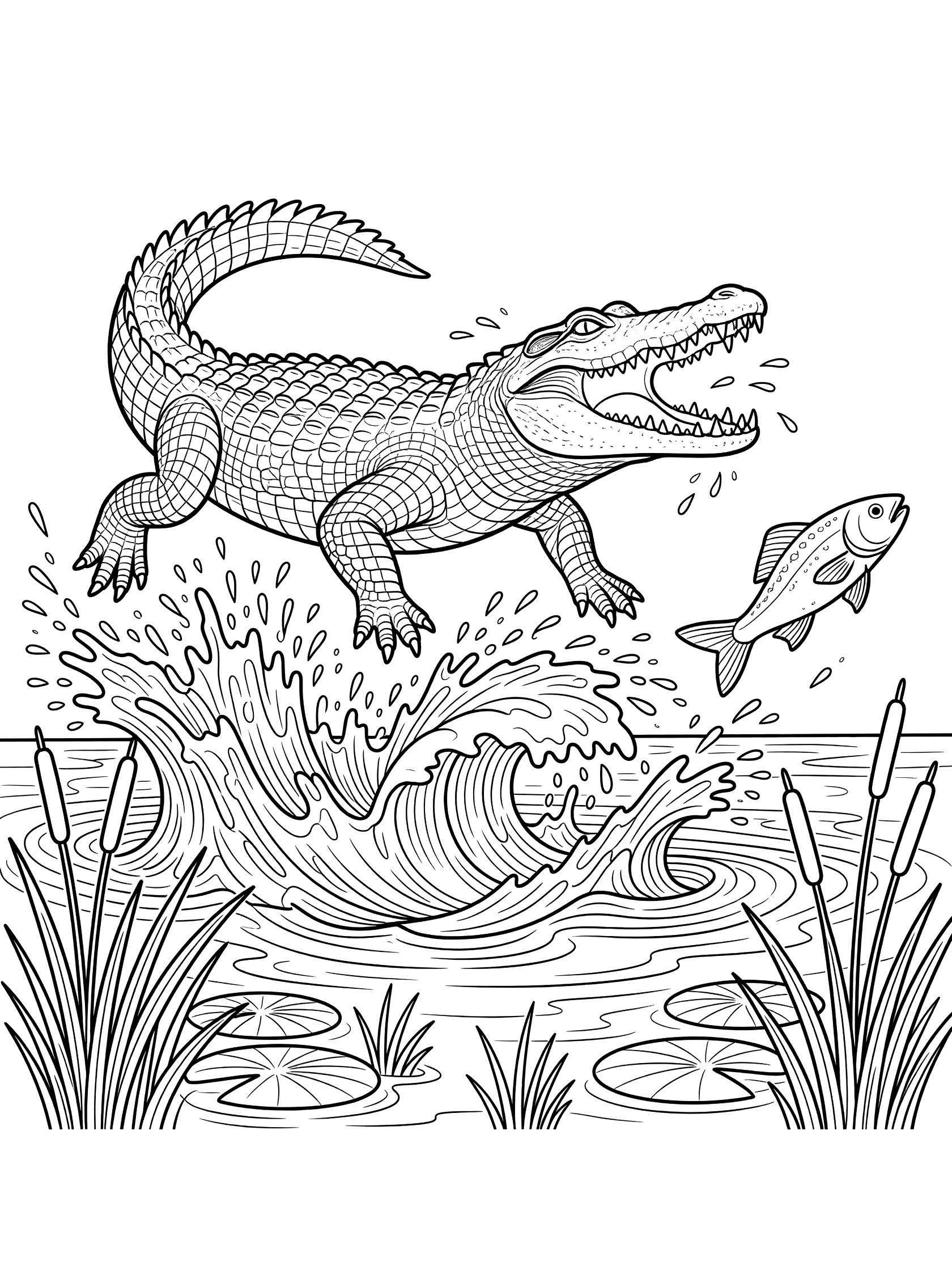 Black and white line art coloring page showing a crocodile leaping from splashing water with wide open jaws toward a jumping fish, surrounded by waves and river plants.