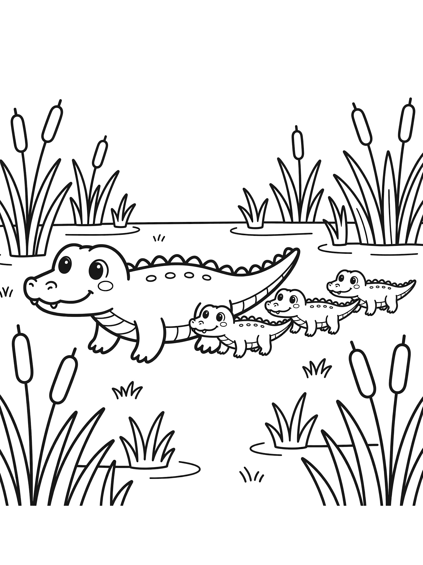 Black and white line art coloring page showing a smiling mom crocodile with three cute baby crocodiles following her through tall reeds and grass in a marsh. Alligator themed black and white printable line art
