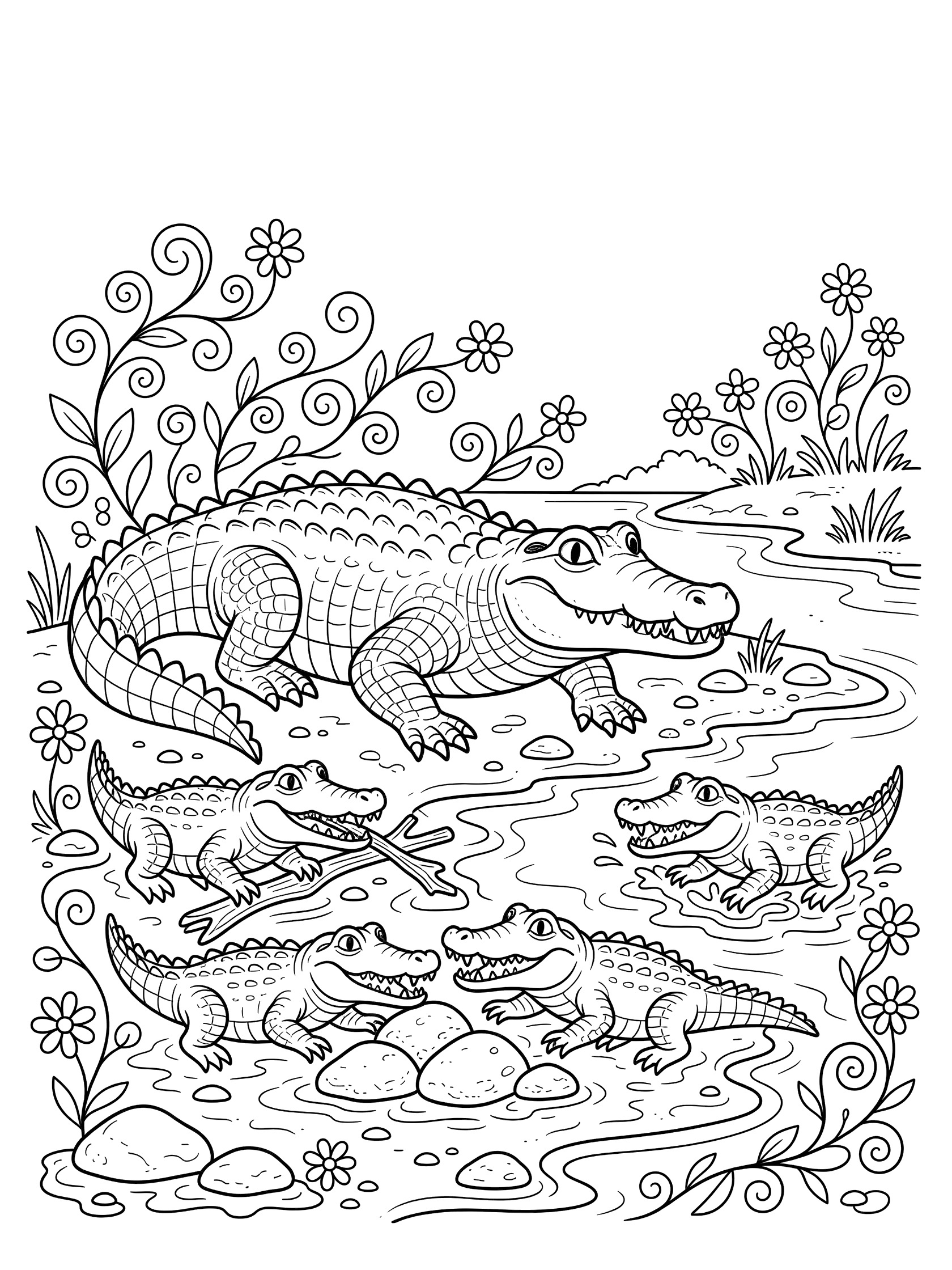 Printable coloring page showing a large mom crocodile watching four small baby crocodiles play with sticks and stones near a riverbank with rocks, water, swirly vines, and flowers