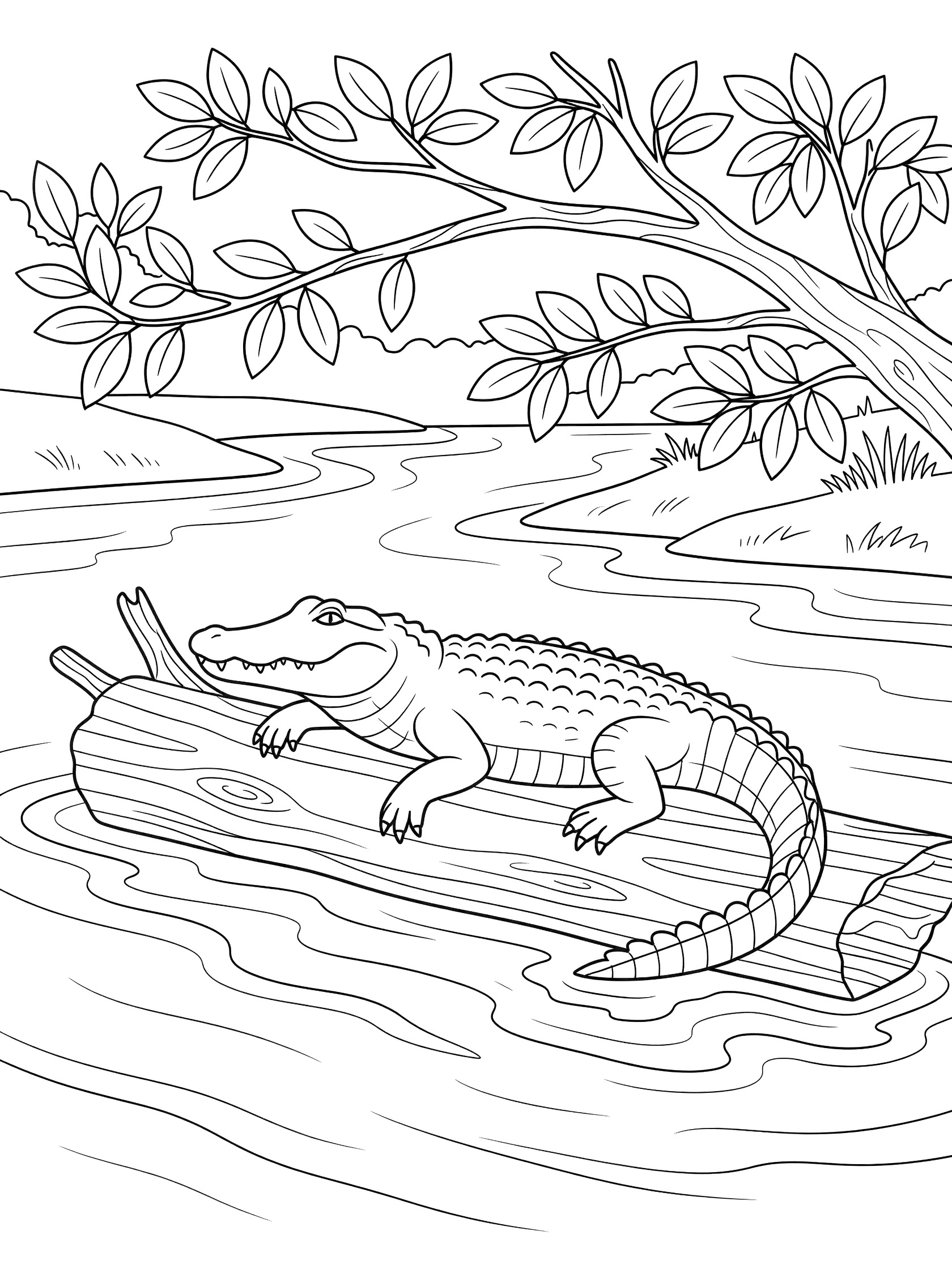 Black and white coloring page of a crocodile lying on a log in a river with water ripples, overhanging tree branches, and simple background. Alligator themed black and white printable line art