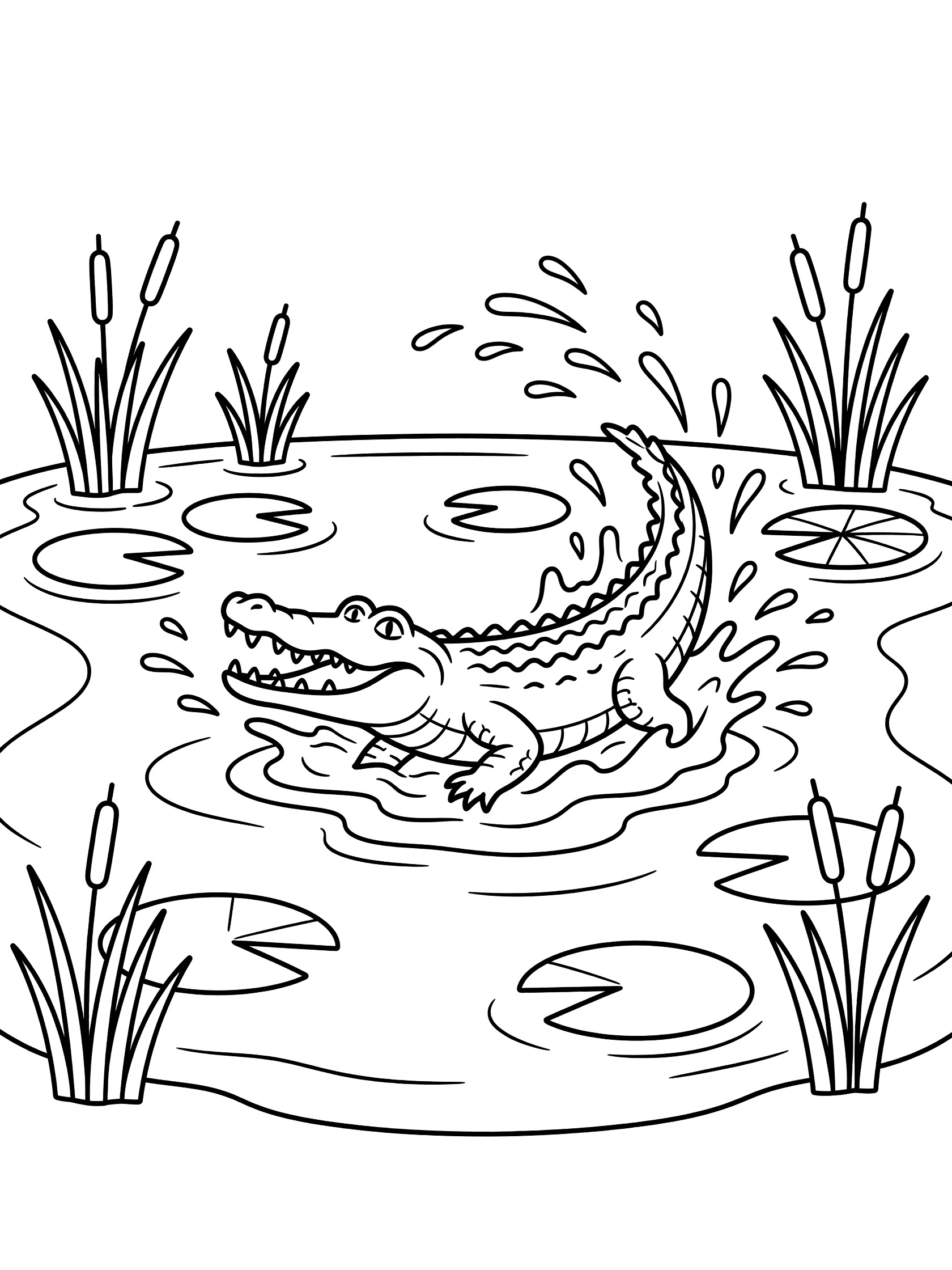 Black and white line art coloring page showing a crocodile splashing water in a pond surrounded by lily pads and reeds with water droplets in the air.