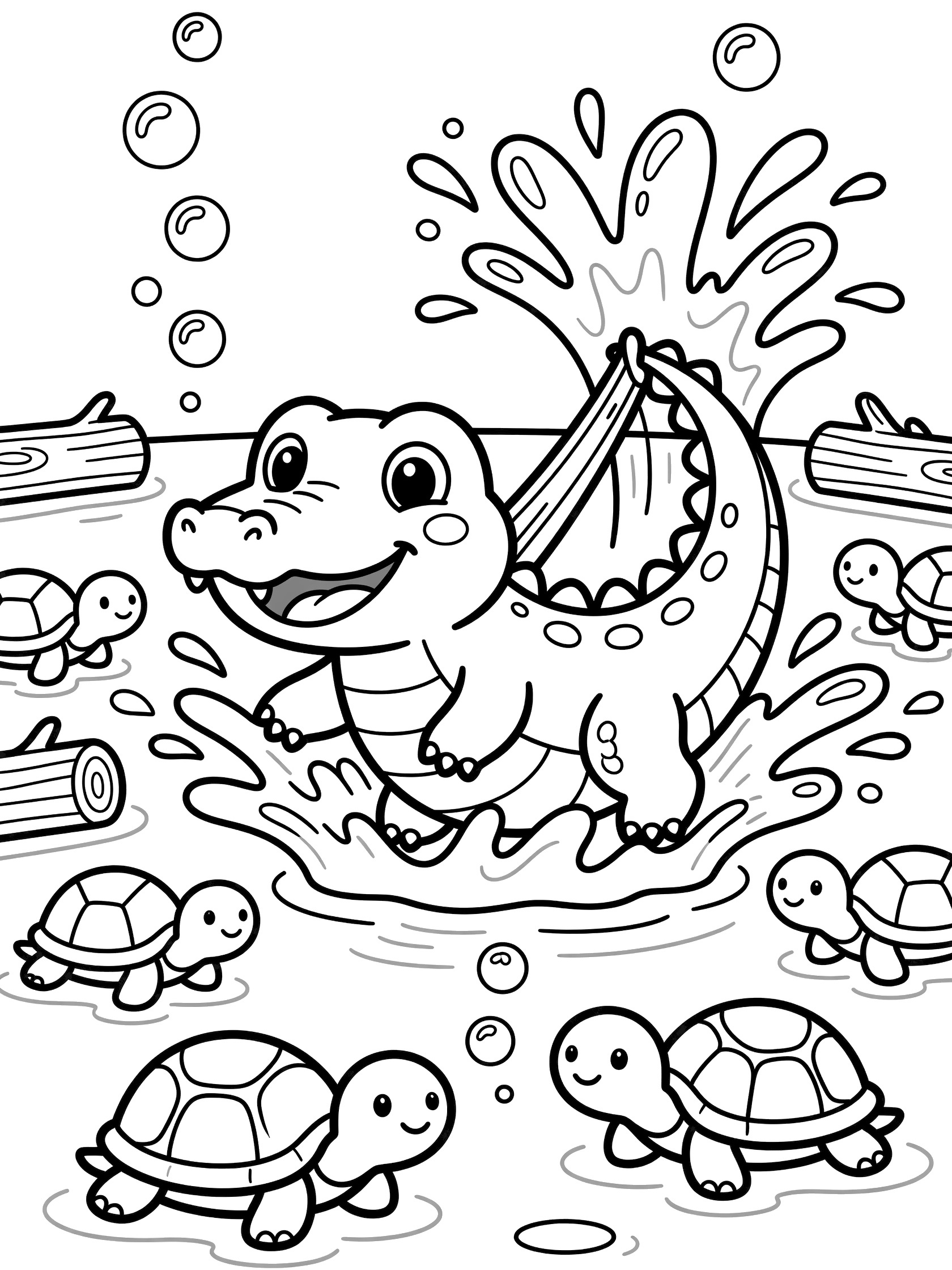 Black and white line art coloring page showing a smiling crocodile splashing water with baby turtles, bubbles, water splashes, and floating logs in a pond