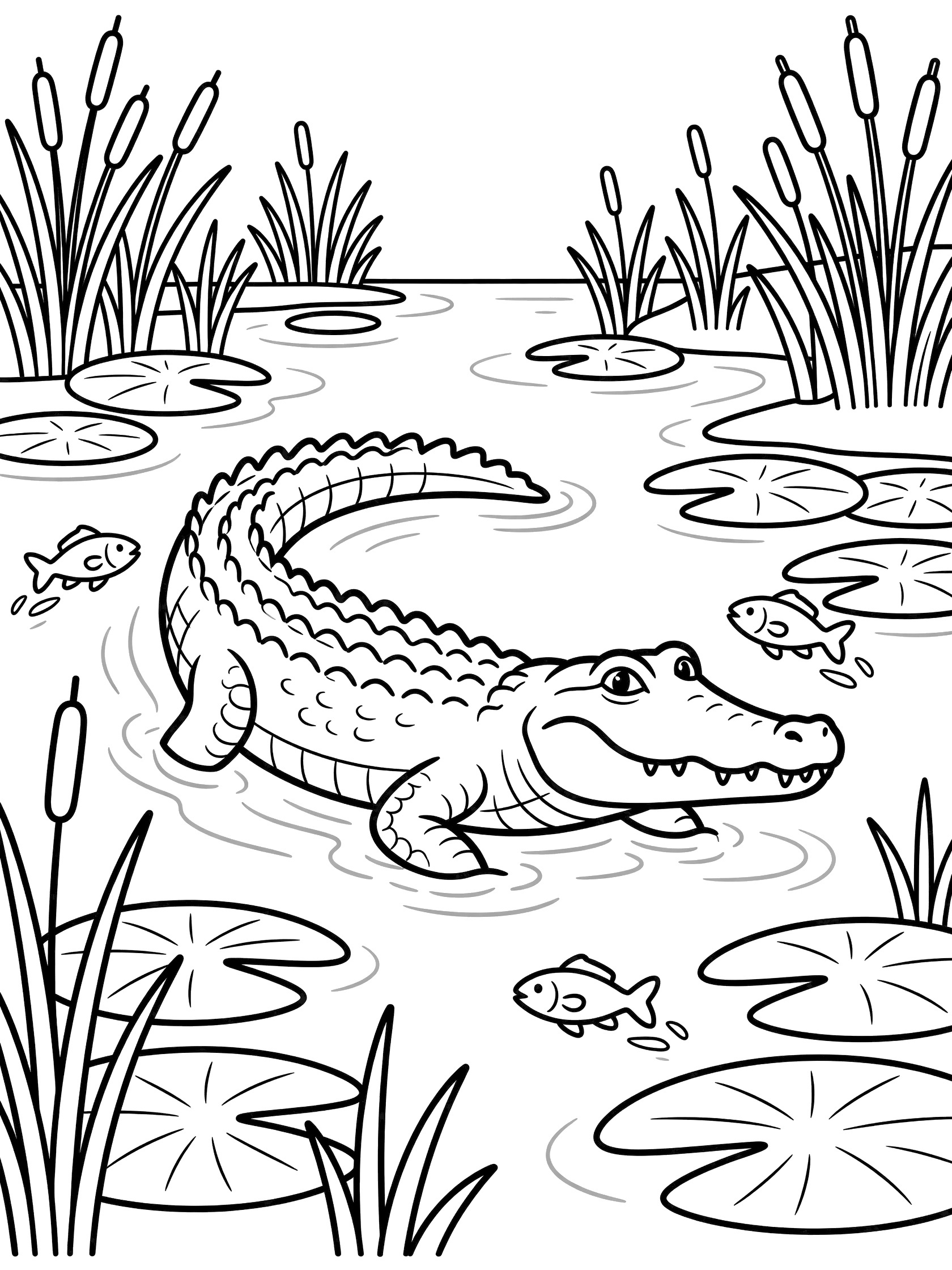 Black and white line art coloring page showing a crocodile swimming through shallow water with small fish, surrounded by tall reeds and lily pads.