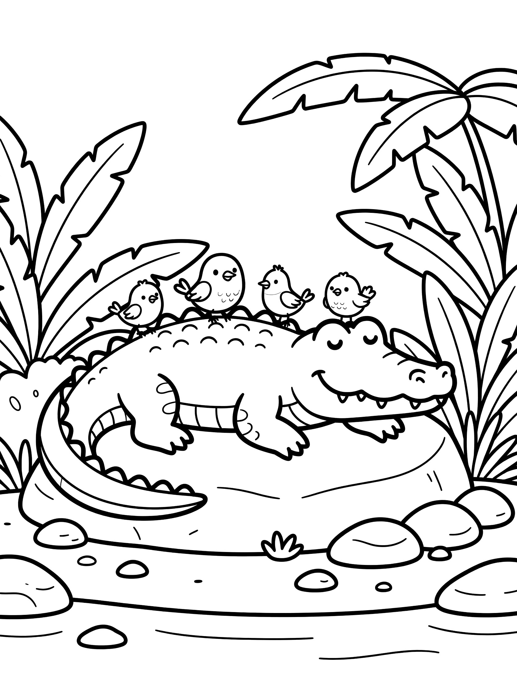 Black and white line art coloring page showing a smiling crocodile lying on a rock, with several birds perched on its back, surrounded by palm leaves and pebbles near water.