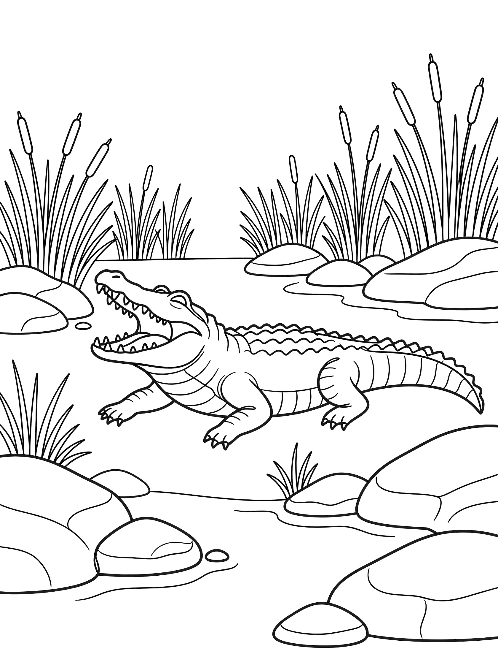 Black and white coloring page showing a crocodile with open mouth yawning on a riverbank surrounded by water, smooth rocks, and tall grasses.