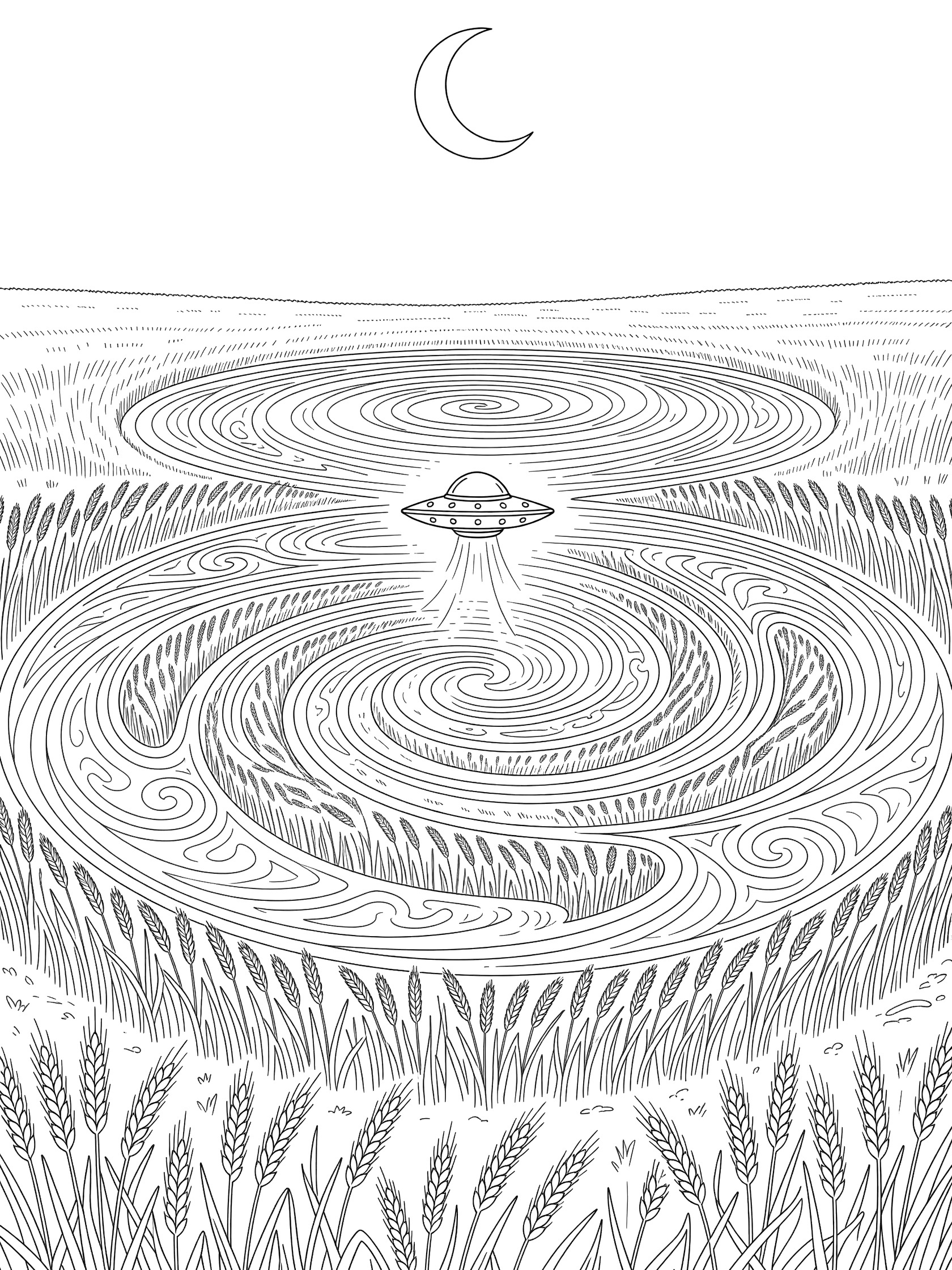 Line art coloring page showing a small UFO emerging from the center of a large swirling crop circle with bent rye crops and a crescent moon above