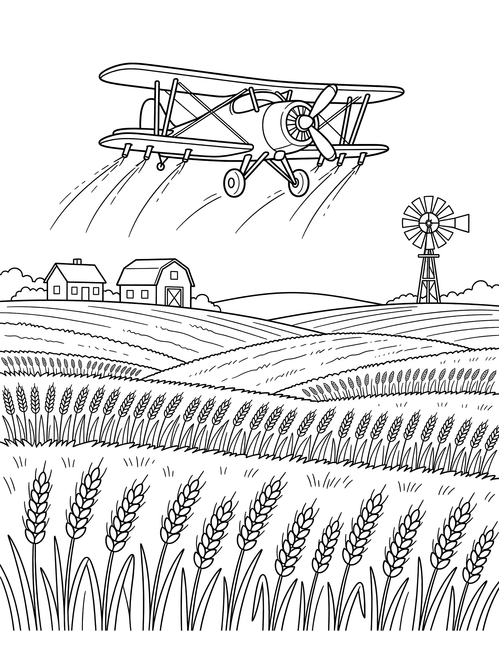 Black and white coloring page of a crop duster plane gliding low over a wheat farm with rolling fields, farmhouse, barn, and windmill.