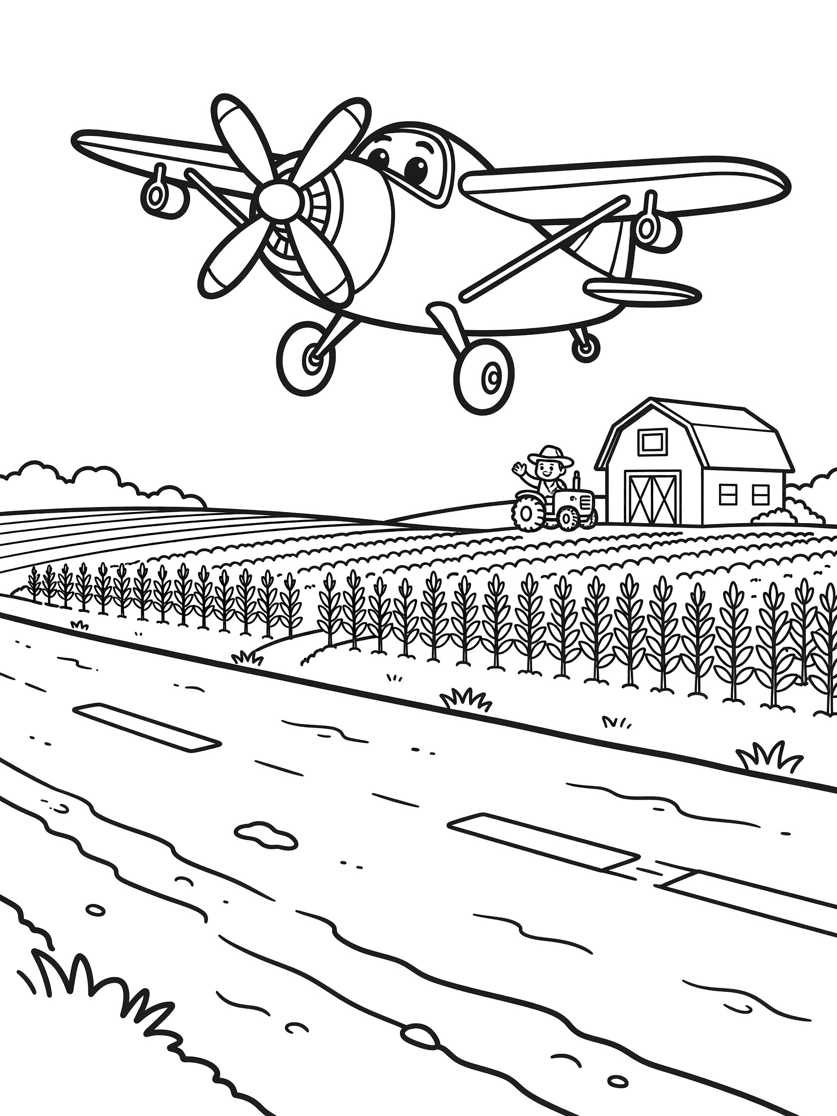 Cartoon crop duster plane with big eyes lifting off runway in farm field with corn rows, barn, and farmer on tractor waving