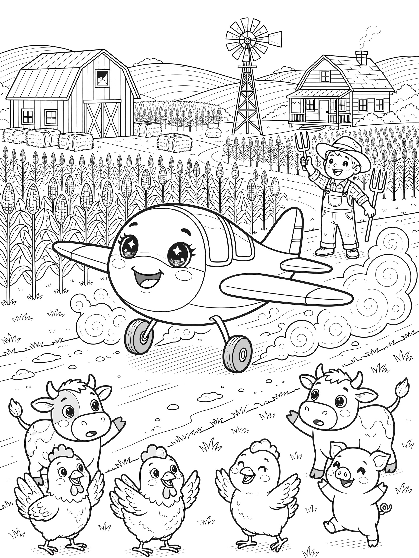 Kawaii crop duster plane with big eyes and smile landing on dirt runway at farm, surrounded by waving farm animals, farmer, red barn, cornfields, windmill, and hills.