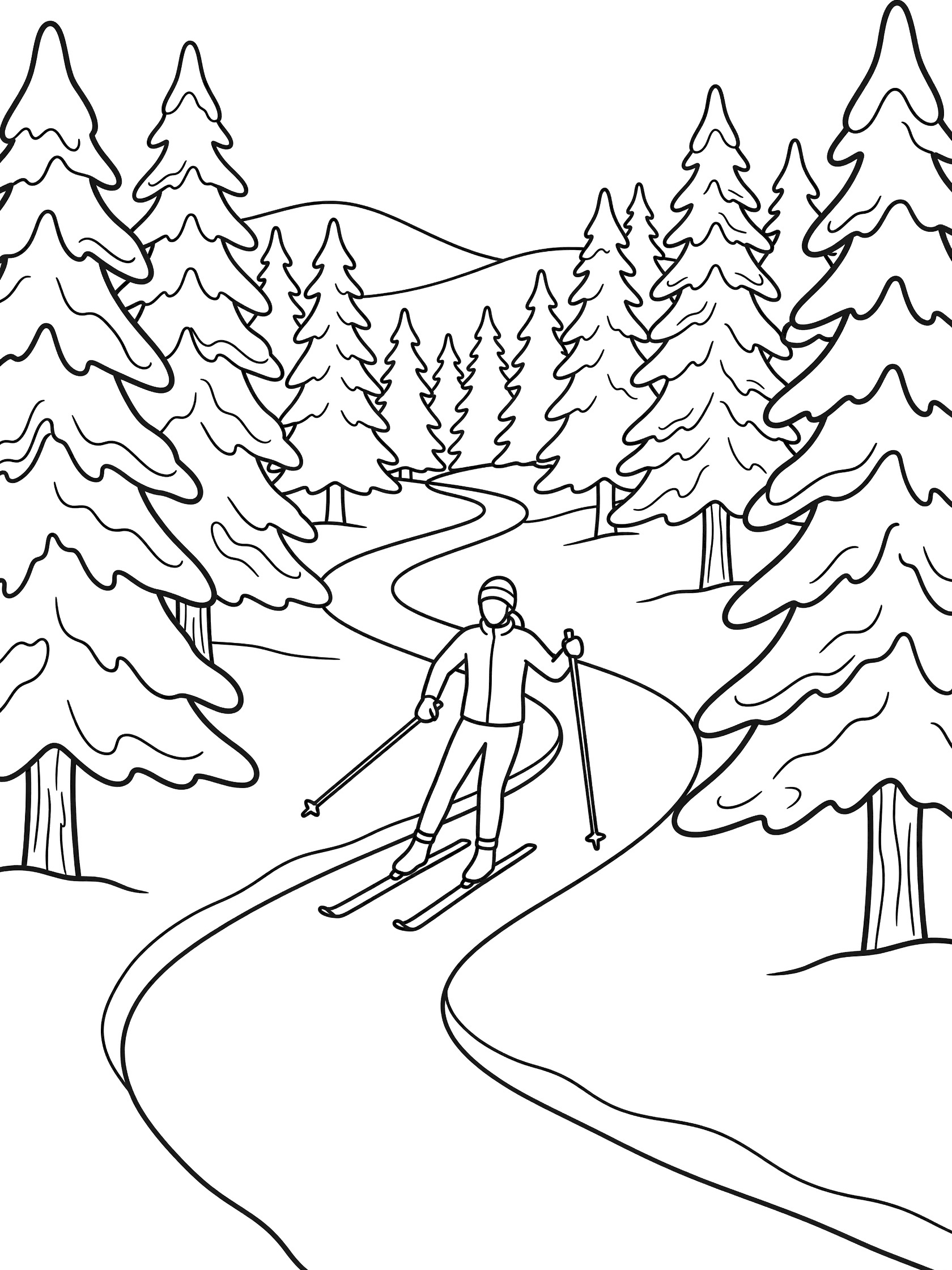 Black and white line art of cross-country skier with poles gliding on skis along a curved snowy path in a winter forest with pine trees and hills.