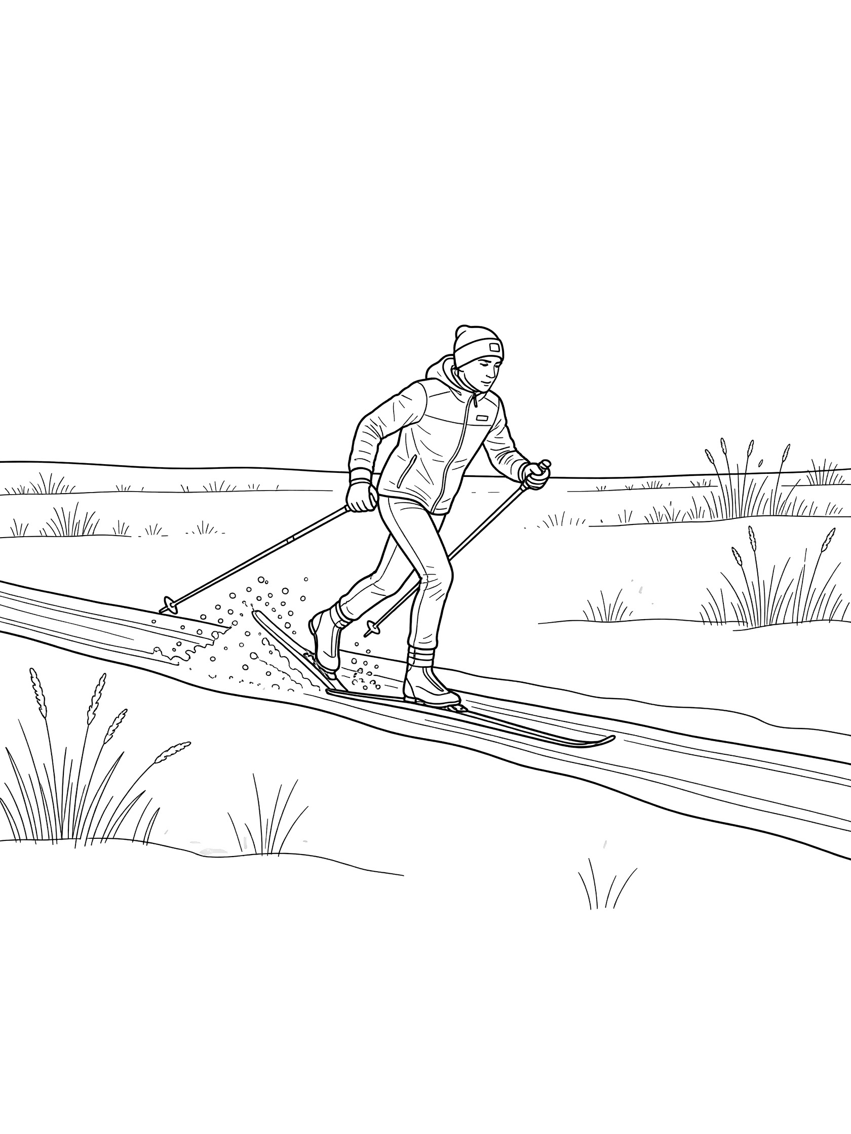Black-and-white coloring page showing a cross-country skier in motion, kicking up snow on a meadow trail with grasses in the distance.