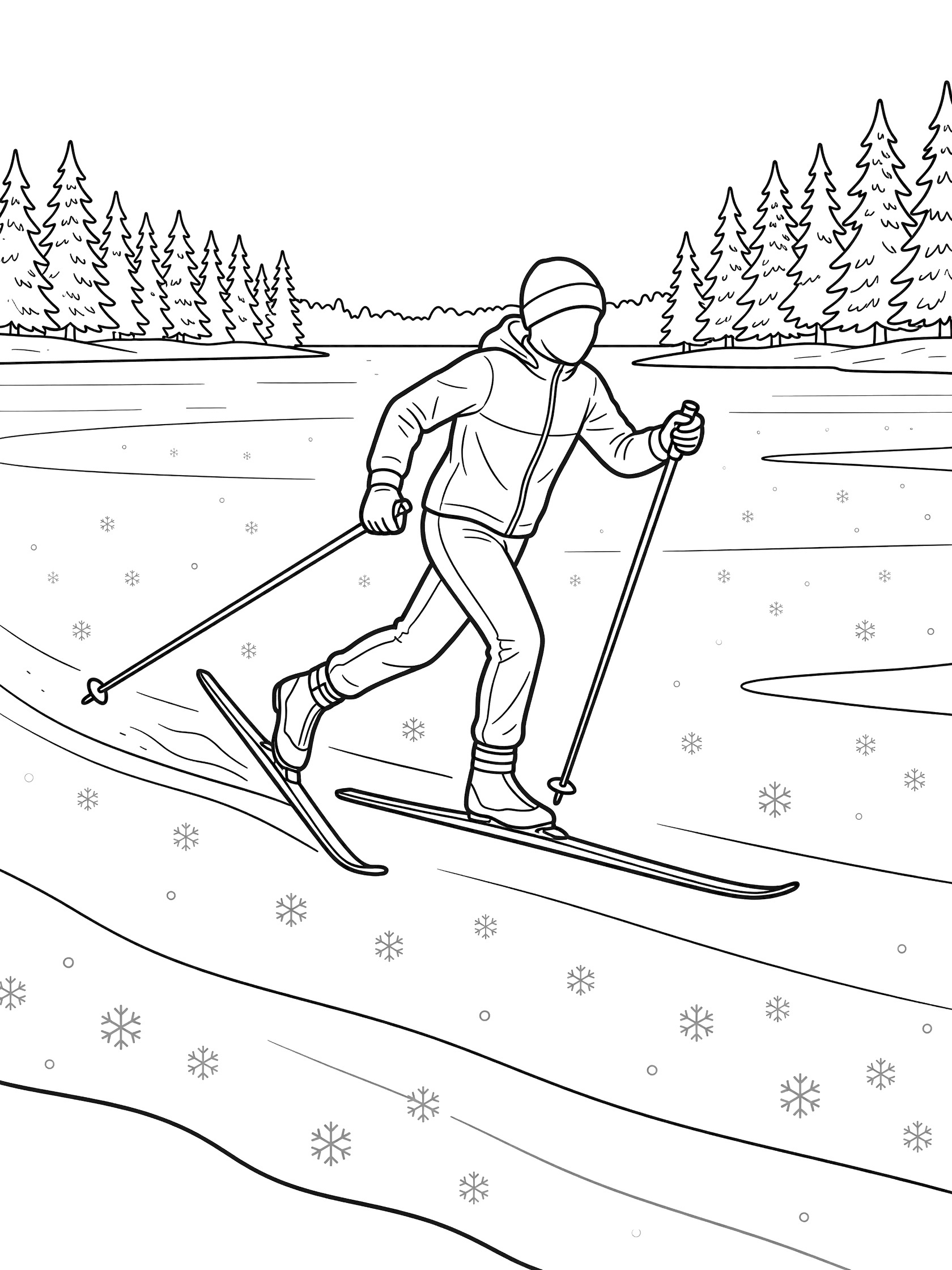 Cross-country skier in skating pose on icy lake with ski poles, snowflakes dusting the ice, and pine trees on the shore, line art coloring page