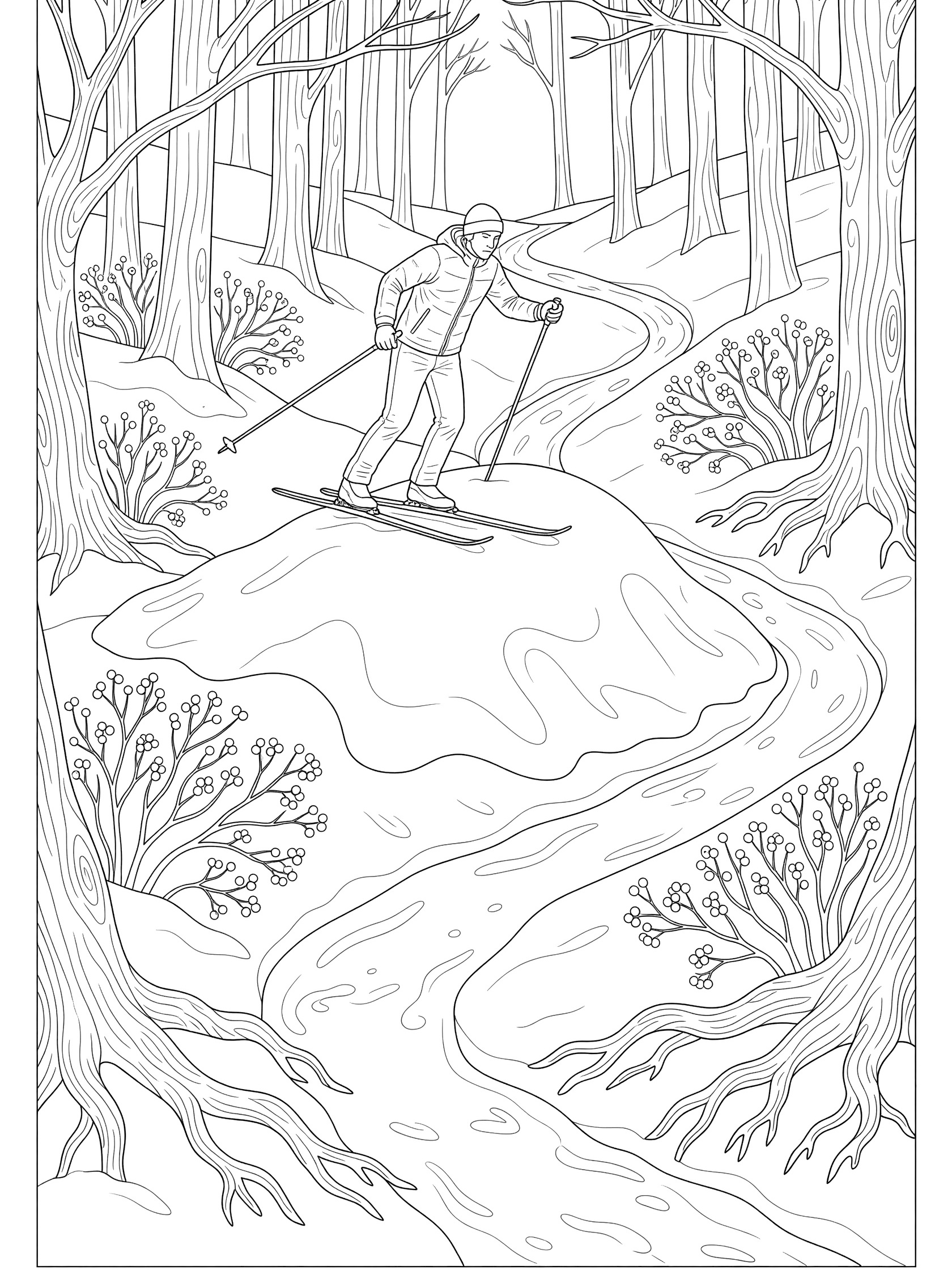 Black and white line art of a cross-country skier gliding over a large snow drift on a trail in the woods, with ski poles, trees, berry bushes, and twisted roots.