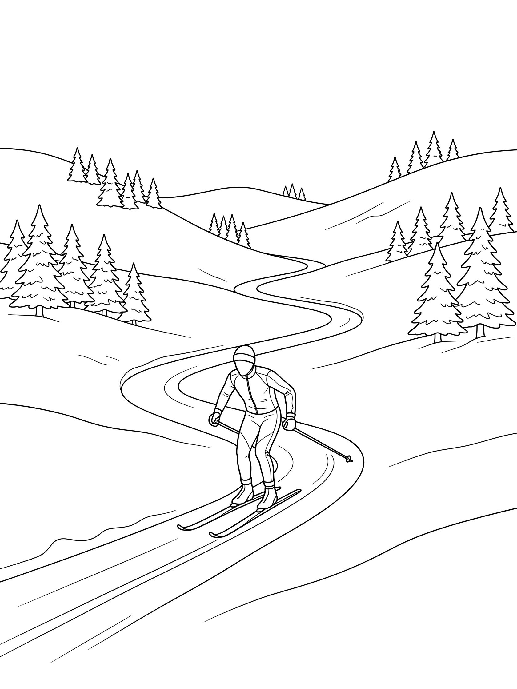 Black and white line art of cross-country skier gliding down winding valley path surrounded by snowy hills and fir trees